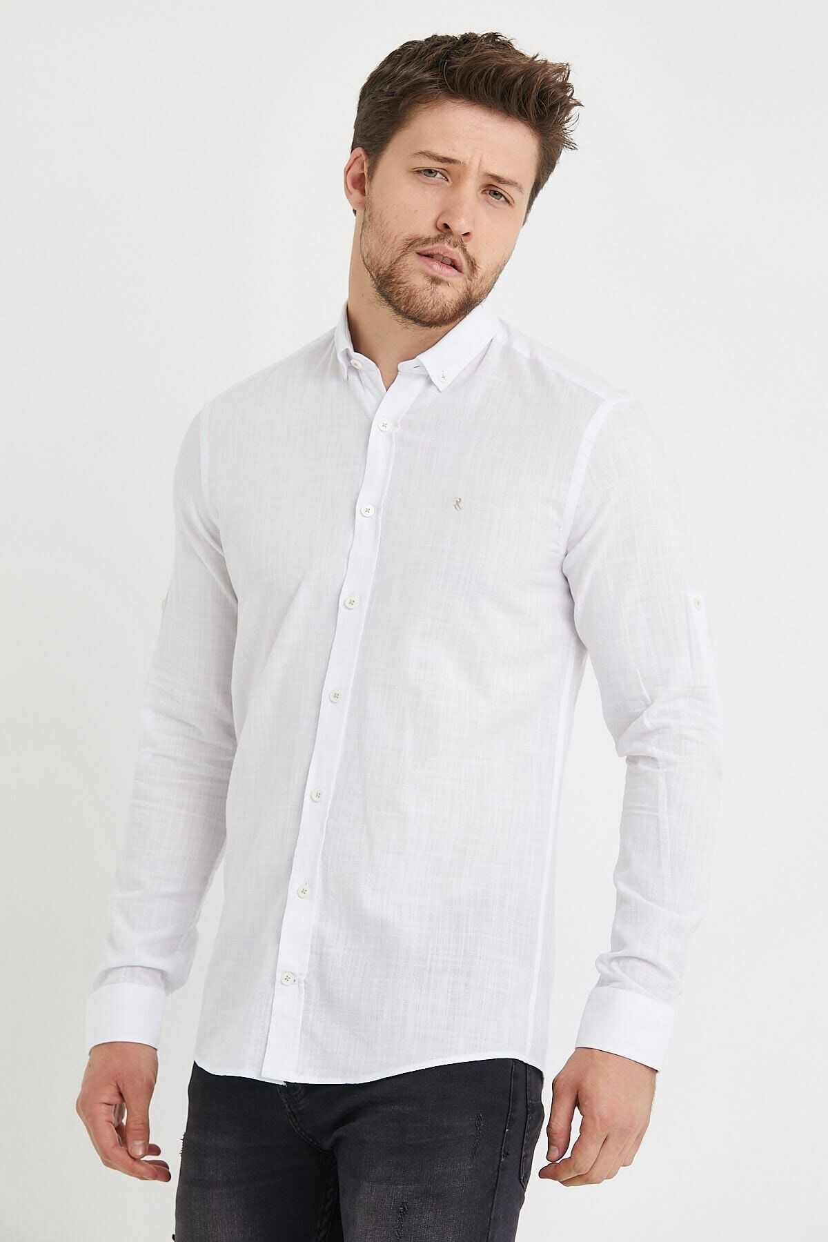 Keten Beyaz Slim Fit Uzun Kol Gömlek