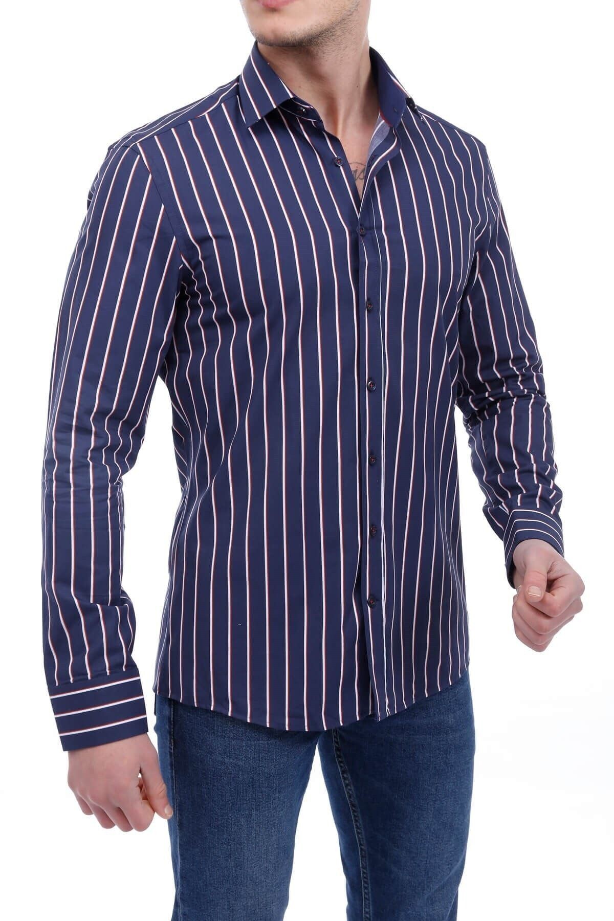 Çizgi Baskılı Lacivert Slim Fit Gömlek