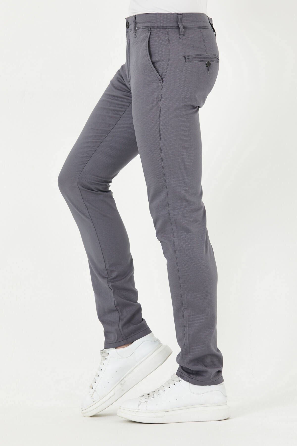Gri Chıno Yan Cepli Mikro Desen Keten Regular Fit Pantolon