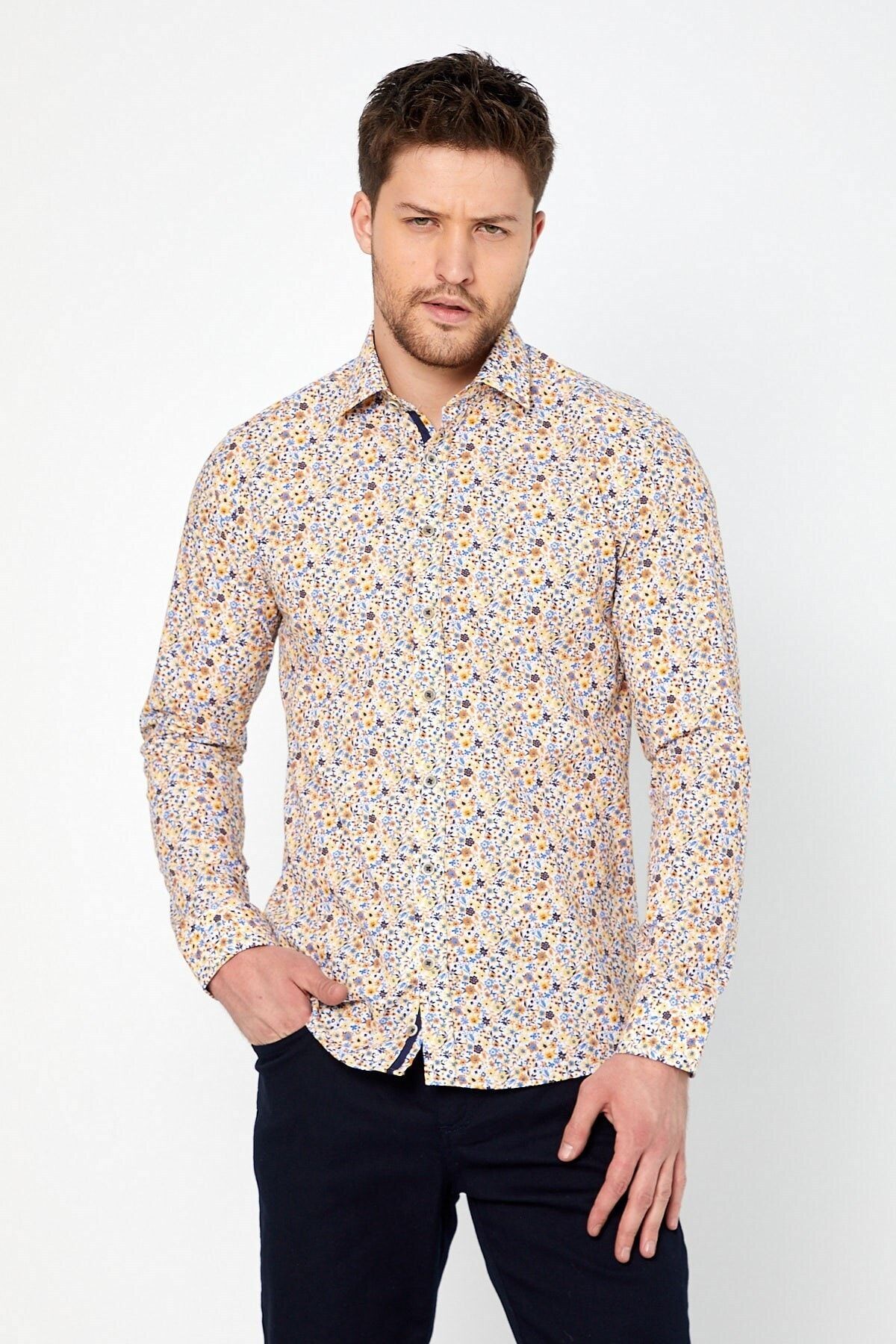 Sarı Çiçek Baskılı Slim Fit Uzun Kol Gömlek