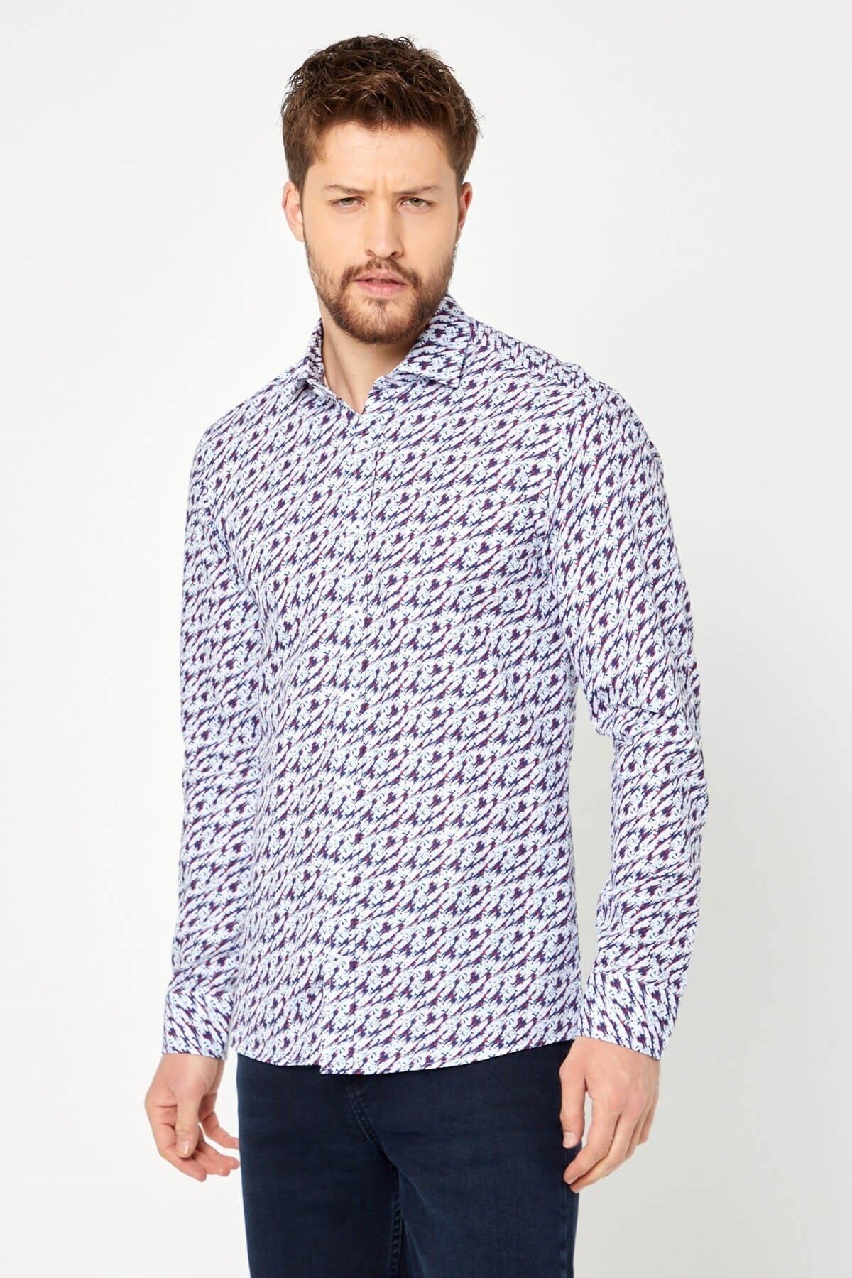 %100 Pamuk Lacivert Baskılı Slim Fit Uzun Kol Gömlek