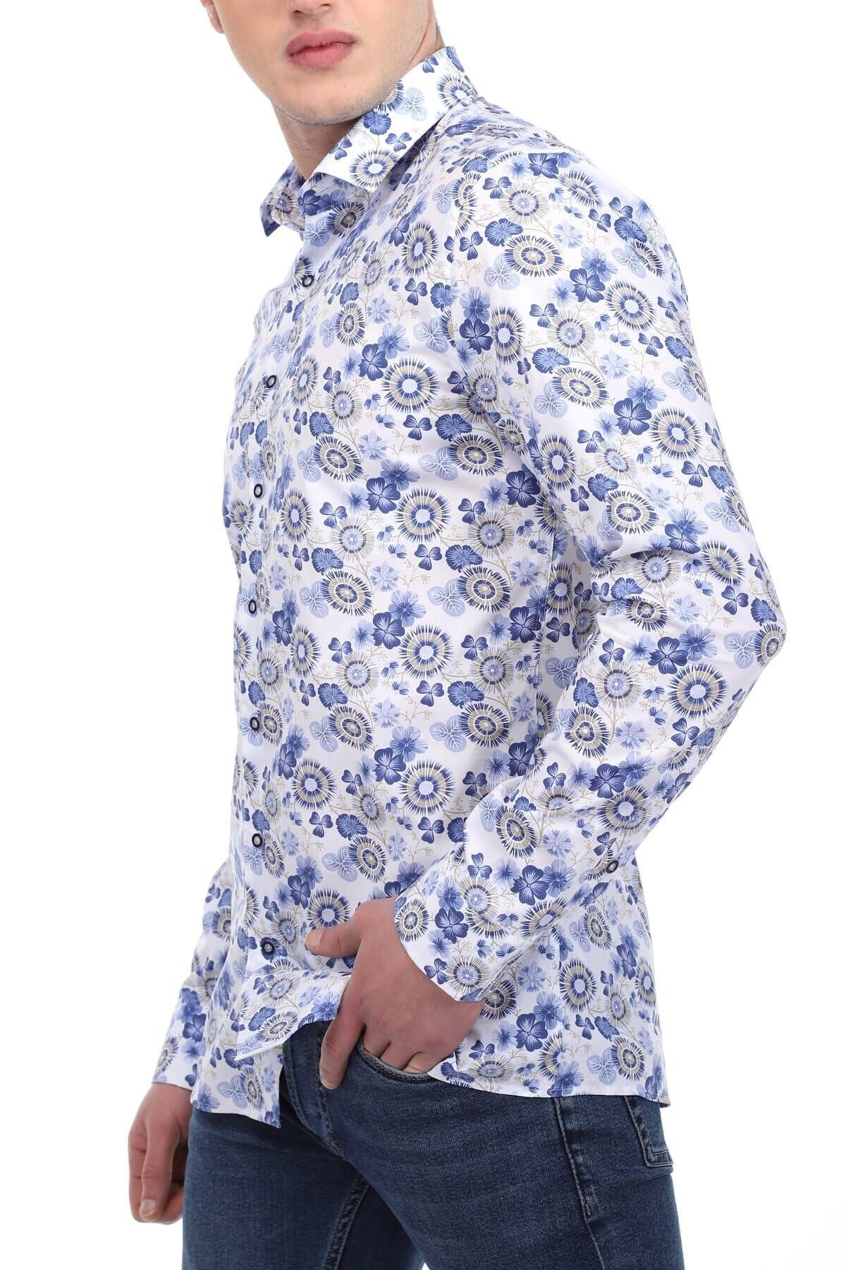 Baskılı Beyaz Slim Fit Gömlek