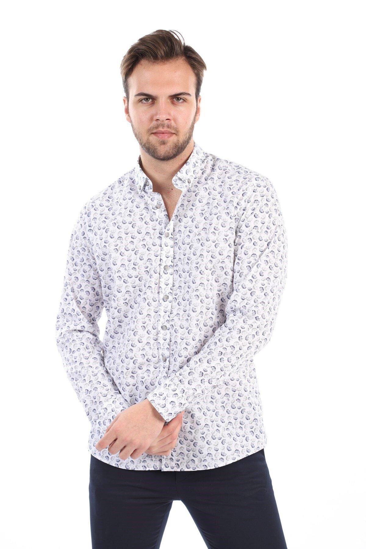 Baskılı Beyaz Slim Fit Gömlek