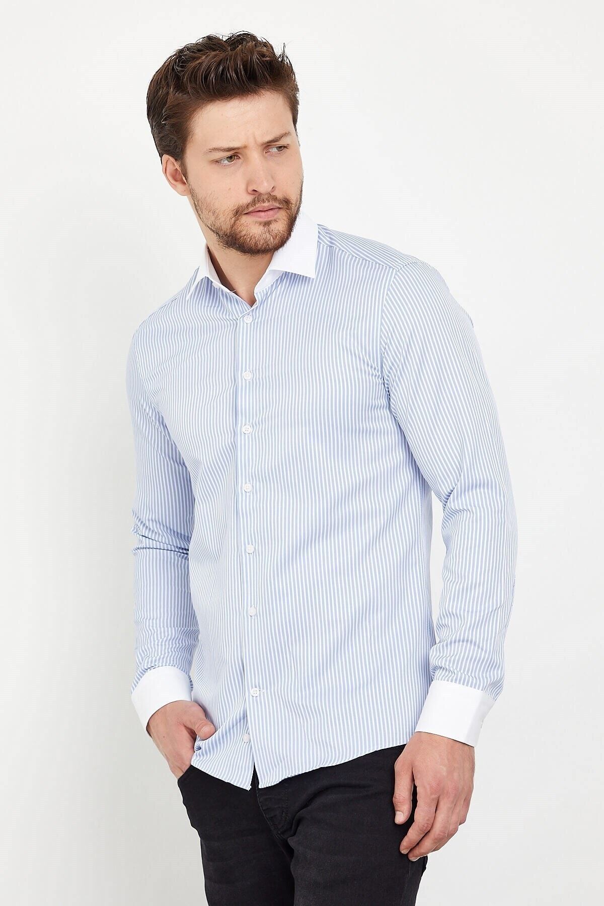 Beyaz Yakalı Mavi Beyaz Çizgili Slim Fit Uzun Kol Gömlek