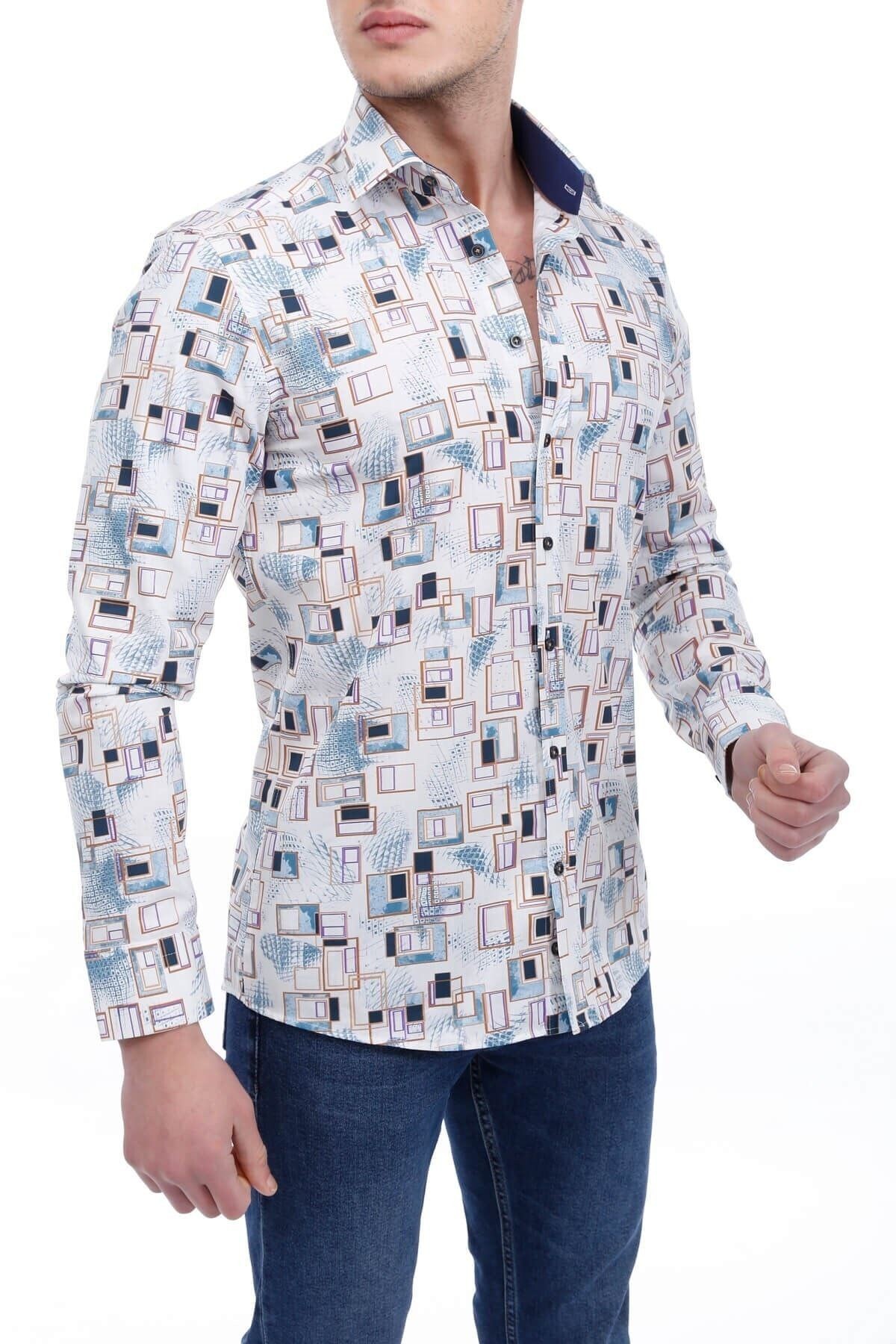 Baskılı Krem Slim Fit Gömlek