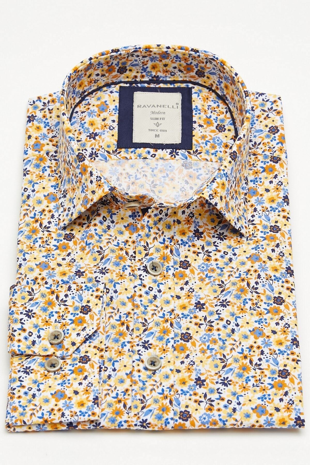 Sarı Çiçek Baskılı Slim Fit Uzun Kol Gömlek