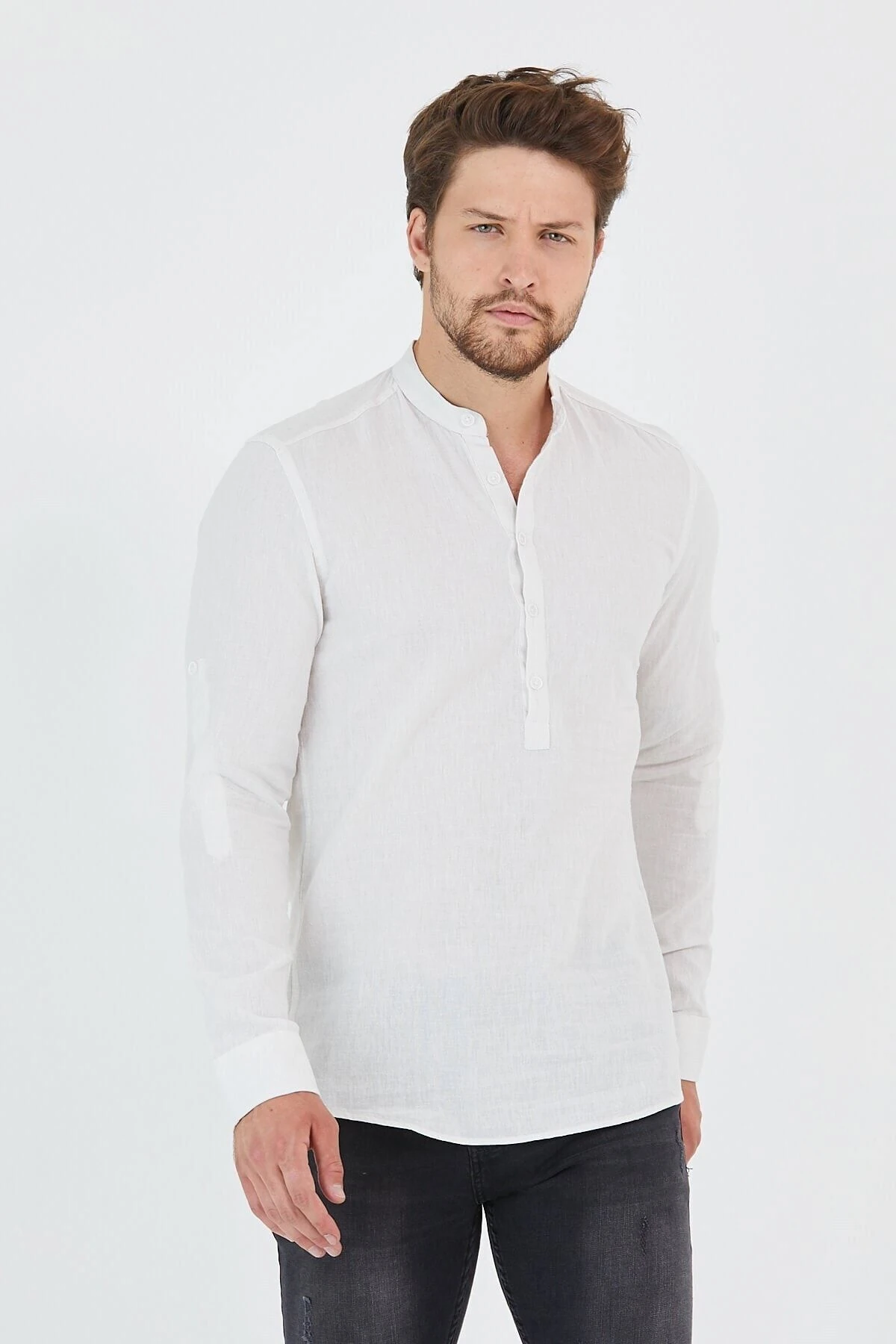 Keten Hakim Yaka Yarım Pat Kırık Beyaz Slim Fit Uzun Kol Gömlek