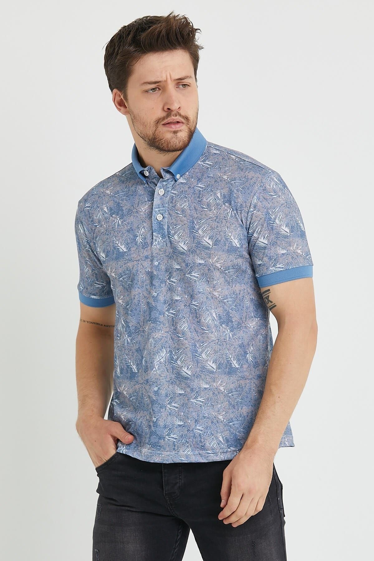 Polo Yaka Düğmeli Baskılı Lacivert Slim Fit Tişört