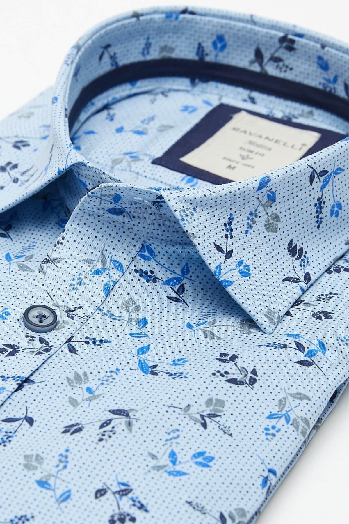 Lacivert Baskılı Mavi Slim Fit Uzun Kol Gömlek