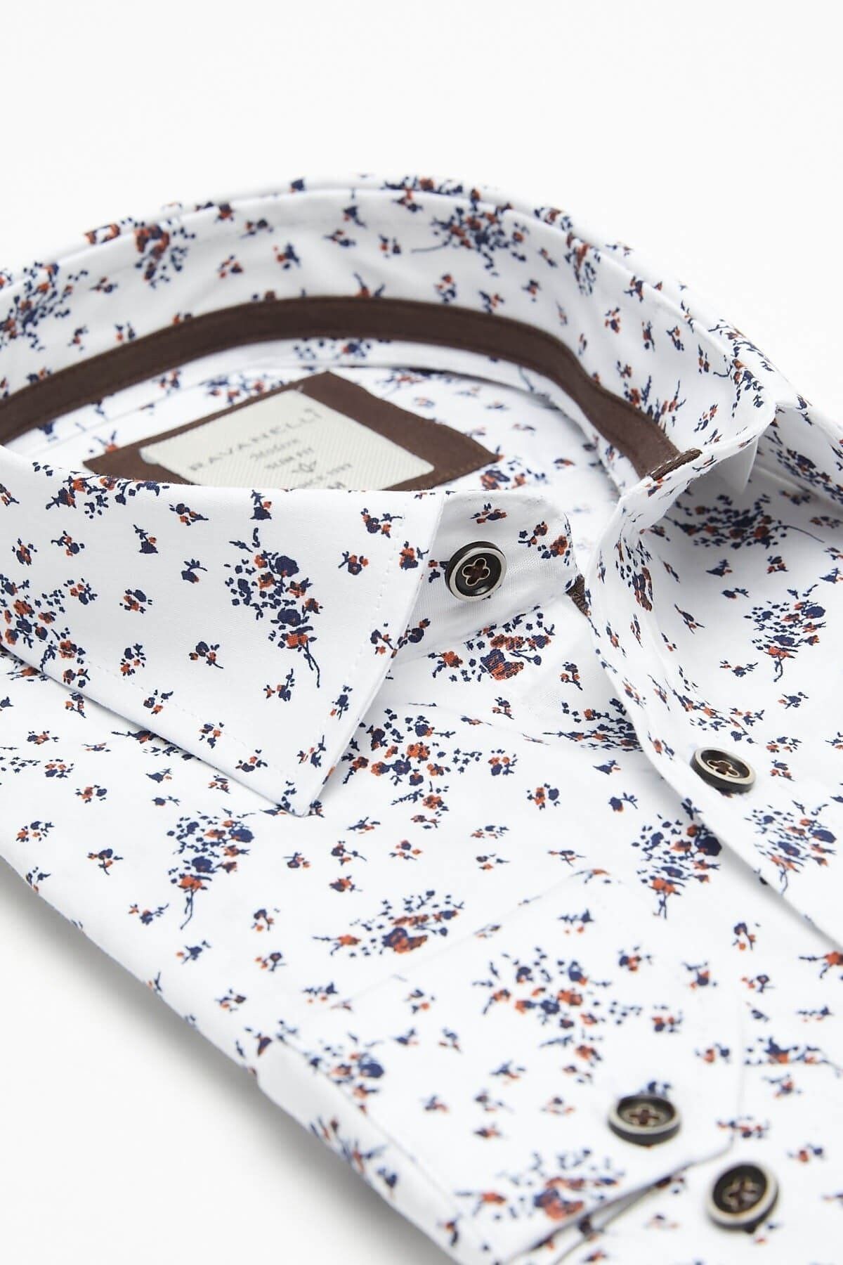 Lacivert Baskılı Beyaz Slim Fit Uzun Kol Gömlek