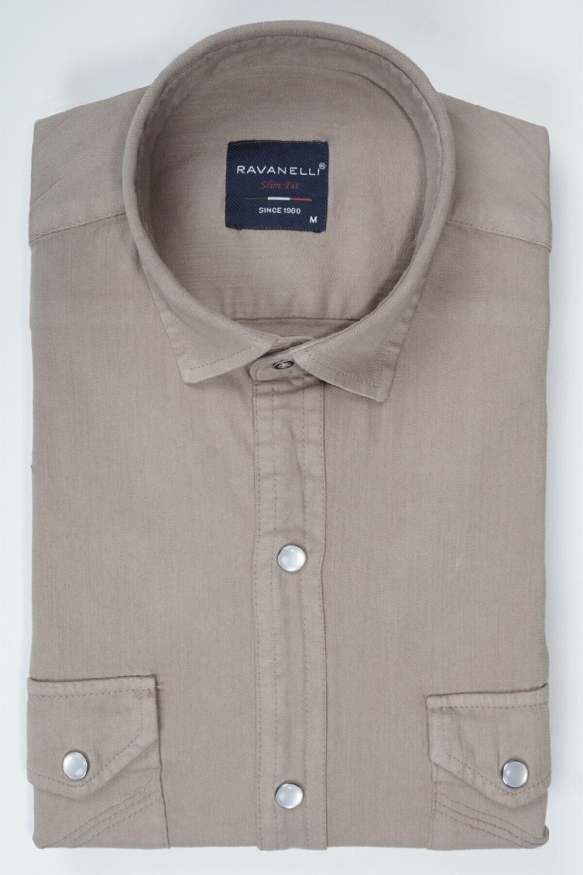 Erkek Bej Slim Fit Gabardin Açmalı Çift Cep Gömlek
