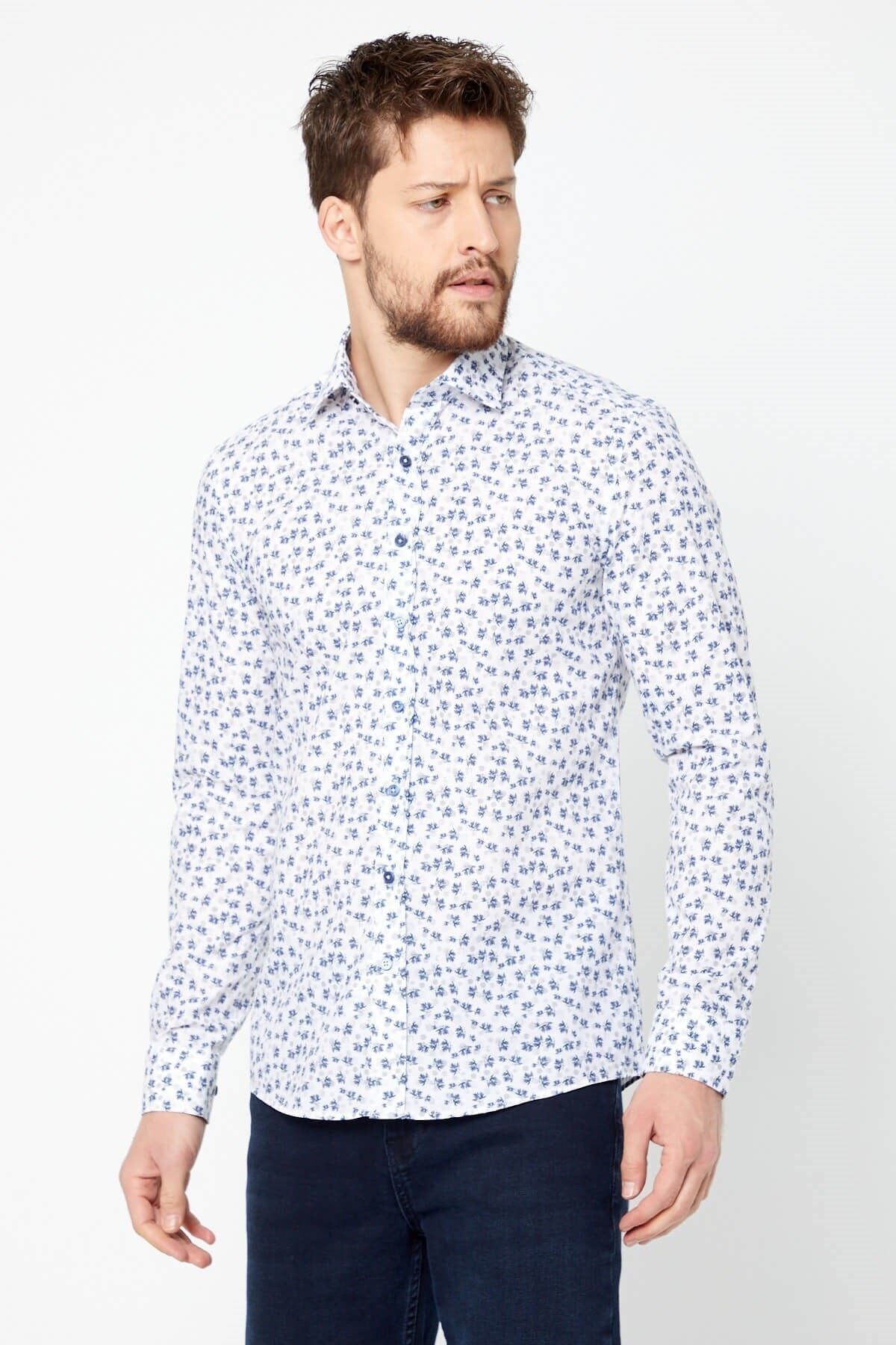 Lacivert Baskılı Beyaz Slim Fit Uzun Kol Gömlek