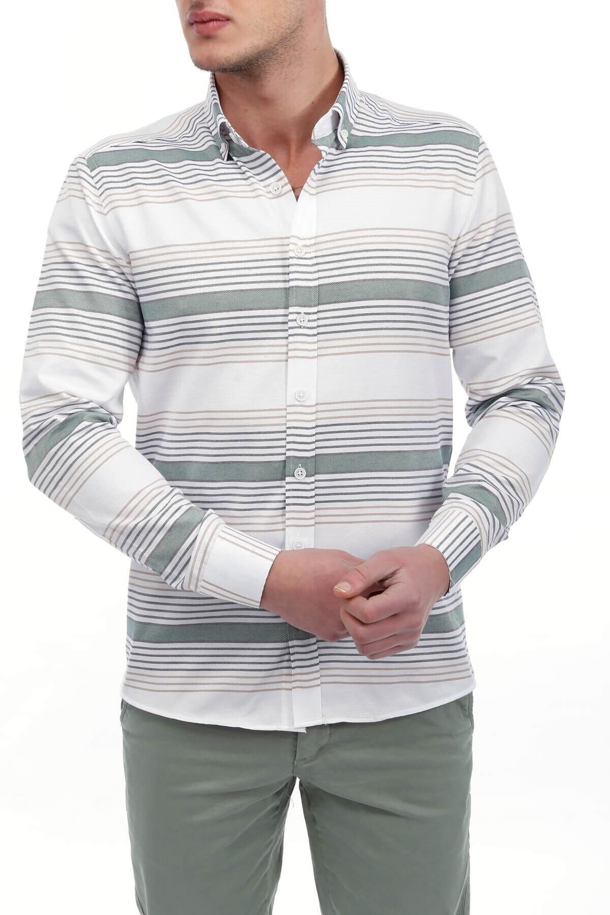 Haki Panolu Beyaz Slim Fit Gömlek