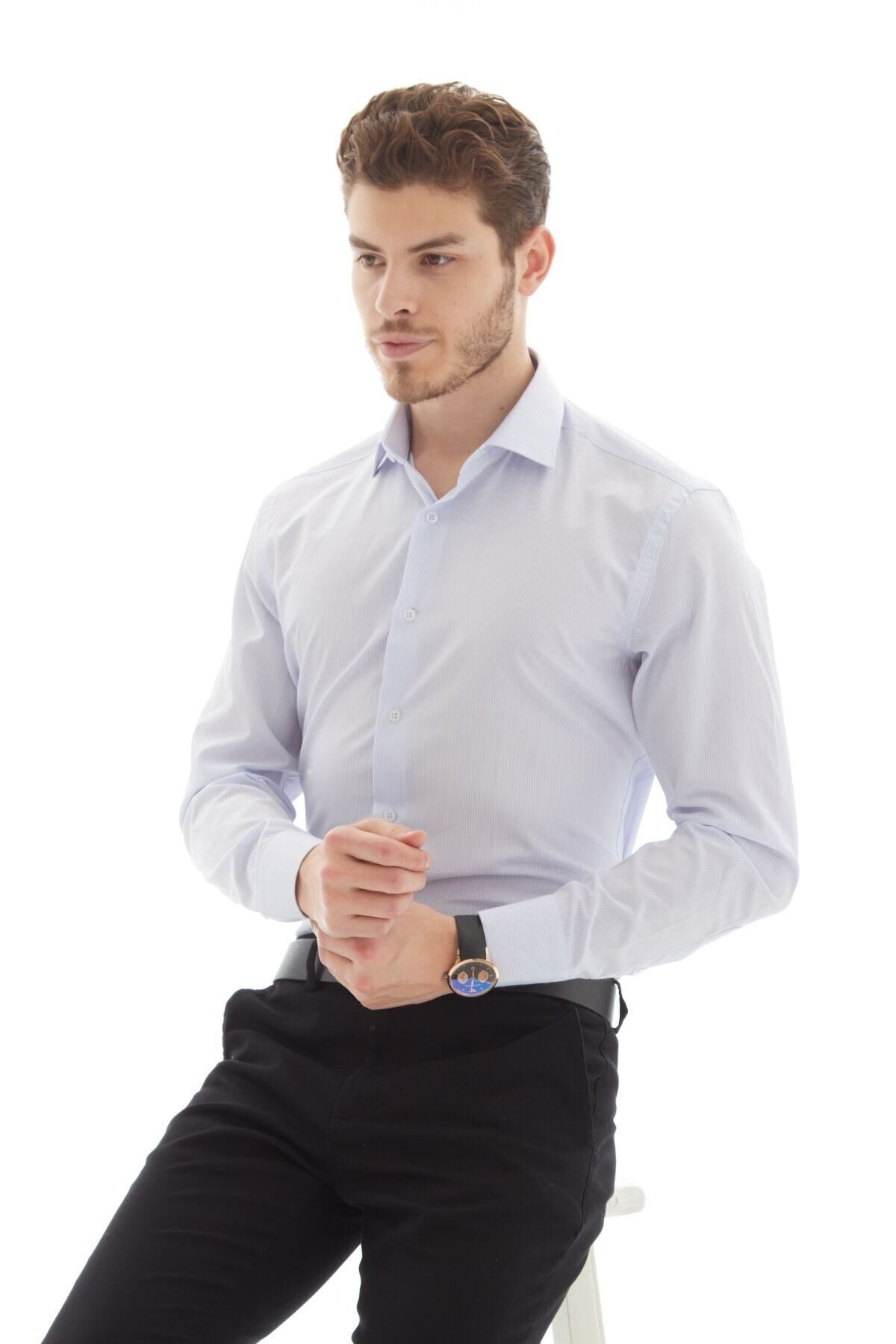 Açık Mavi Slimfit Çizgili Uzun Kol Kolay Ütülenebilir Erkek Gömlek