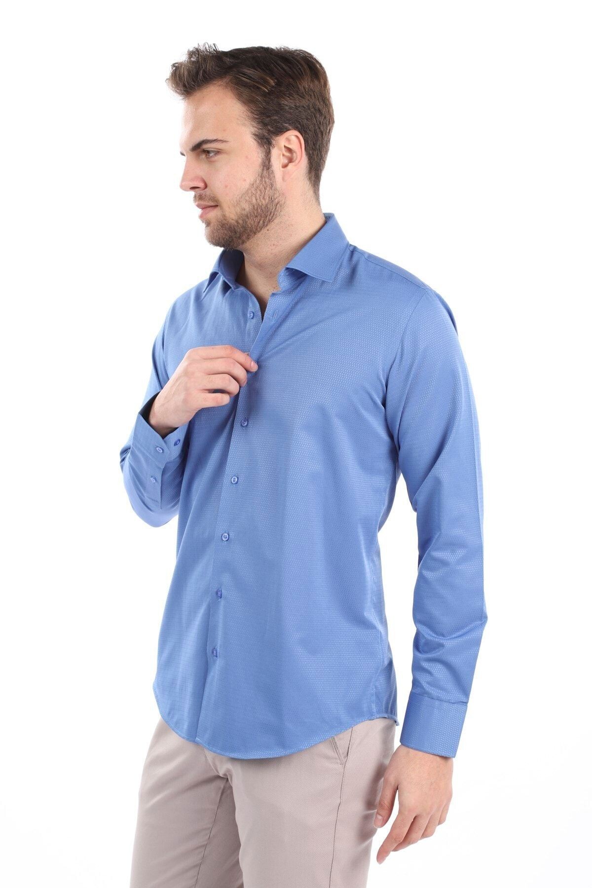 Baskılı Mavi Slim Fit Gömlek