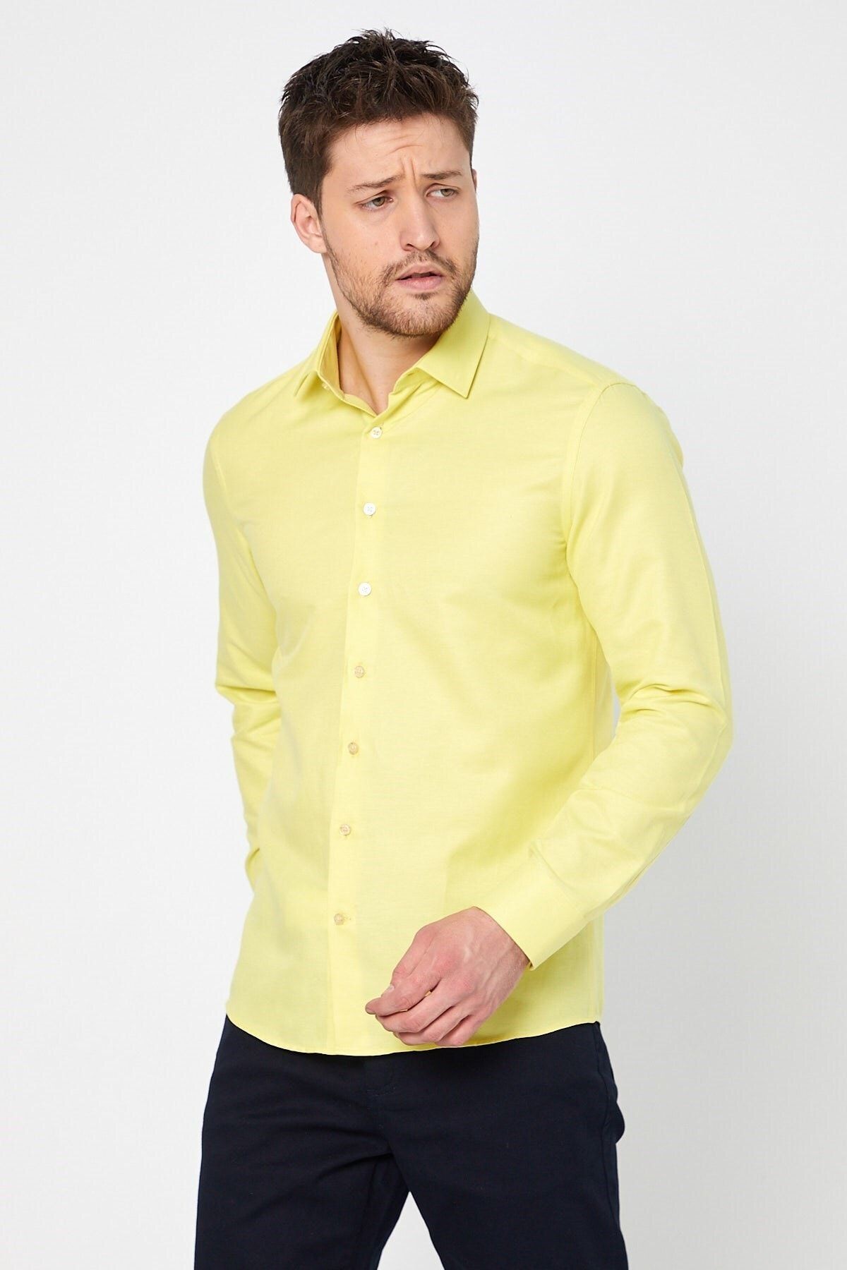 Sarı Slim Fit Uzun Kol Gömlek
