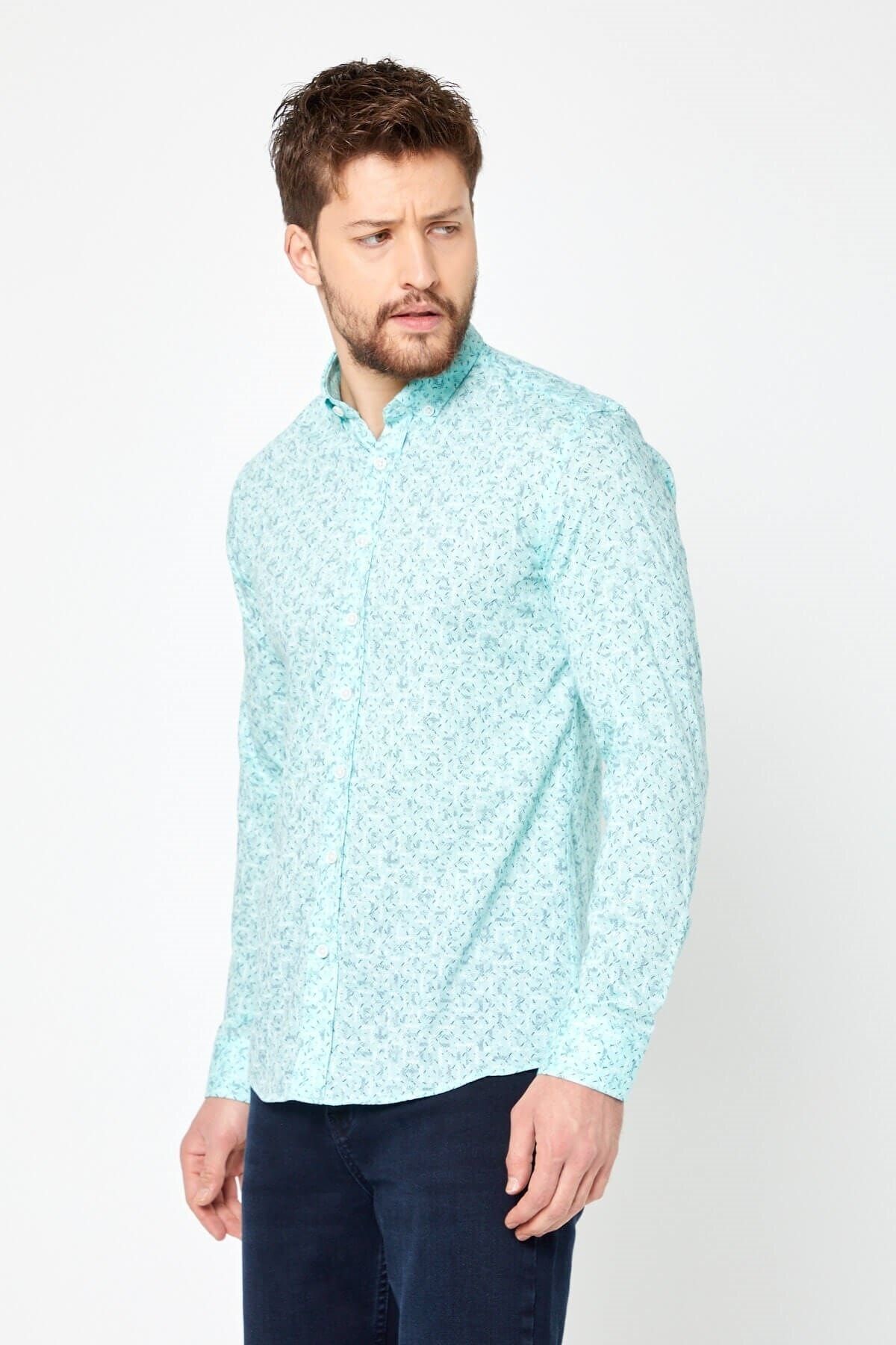 Pamuk Keten Baskılı Yeşil Slim Fit Uzun Kol Gömlek