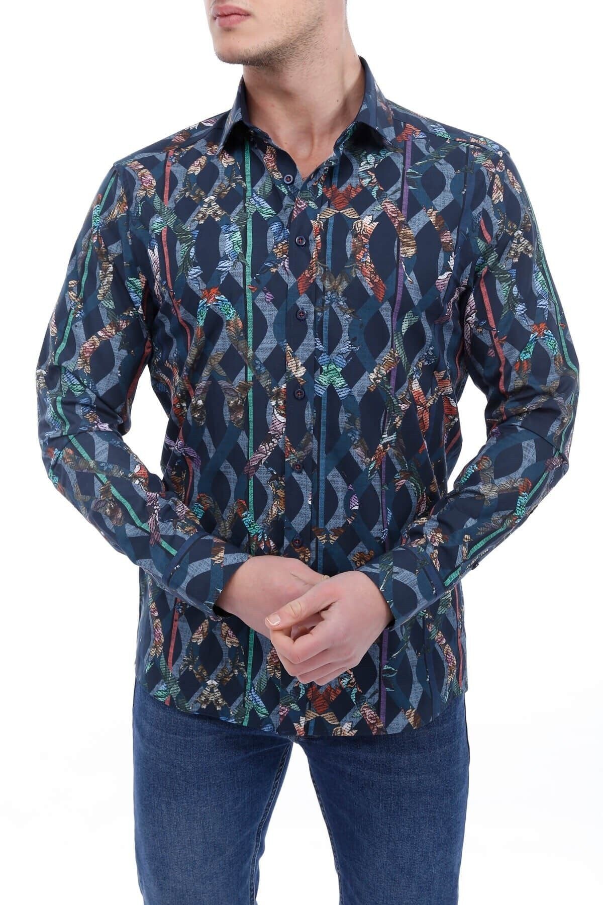 Baskılı Lacivert Slim Fit Gömlek
