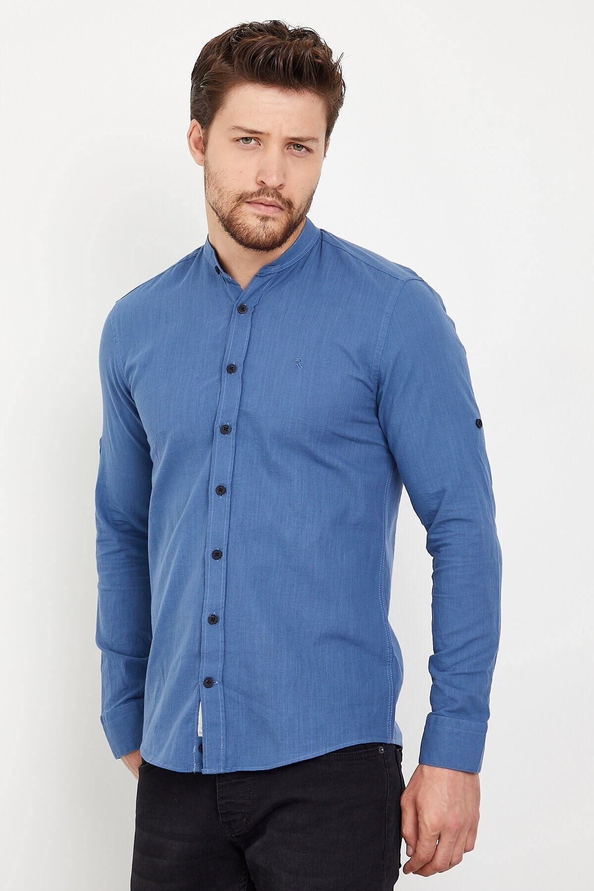 Pamuk Keten Hakim Yaka Lacivert Slim Fit Uzun Kol Gömlek