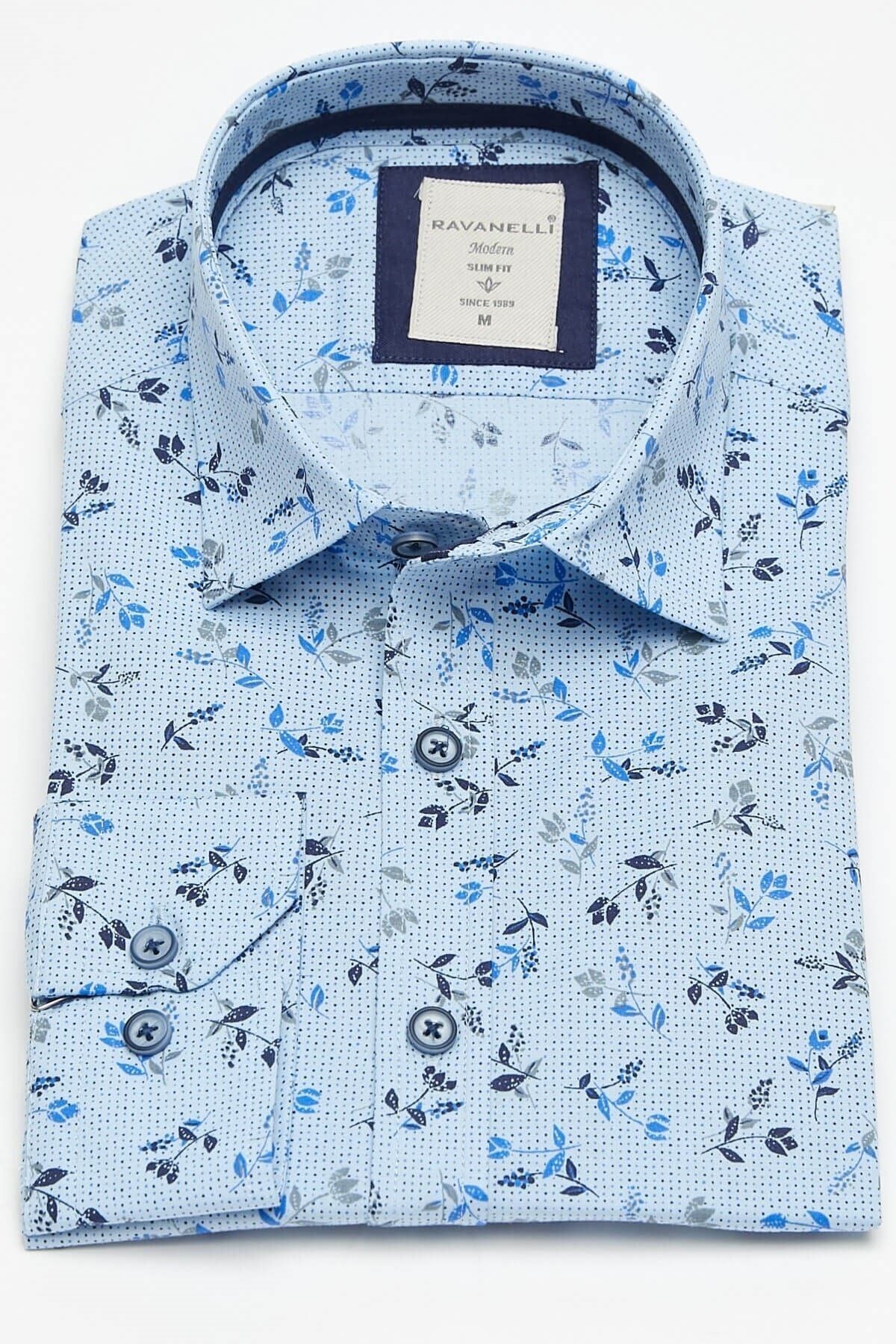 Lacivert Baskılı Mavi Slim Fit Uzun Kol Gömlek