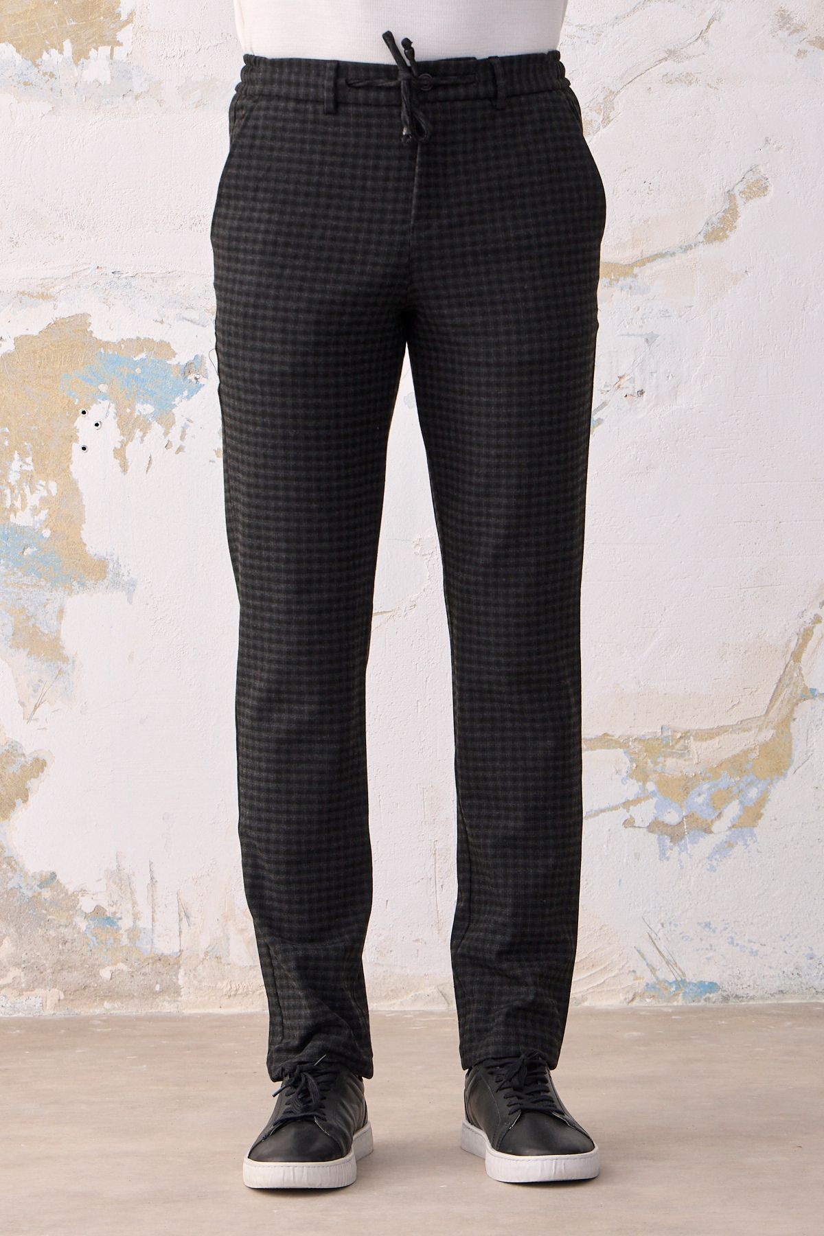Erkek Günlük Jogger Beli Lastikli Ipli Cepli Slim Fit En Boy Likralı Kareli Pantolon