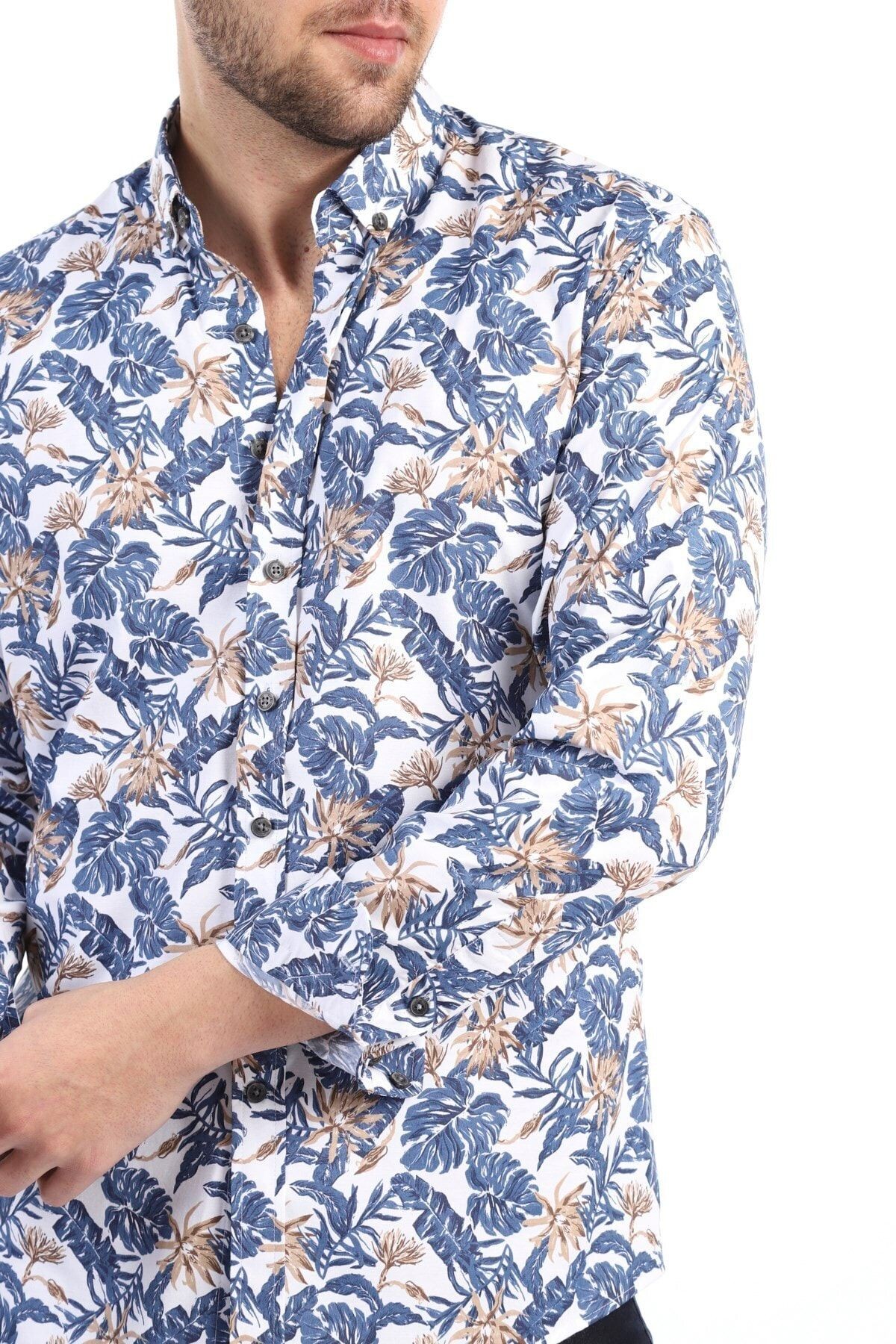 Baskılı Beyaz Slim Fit Likralı Gömlek