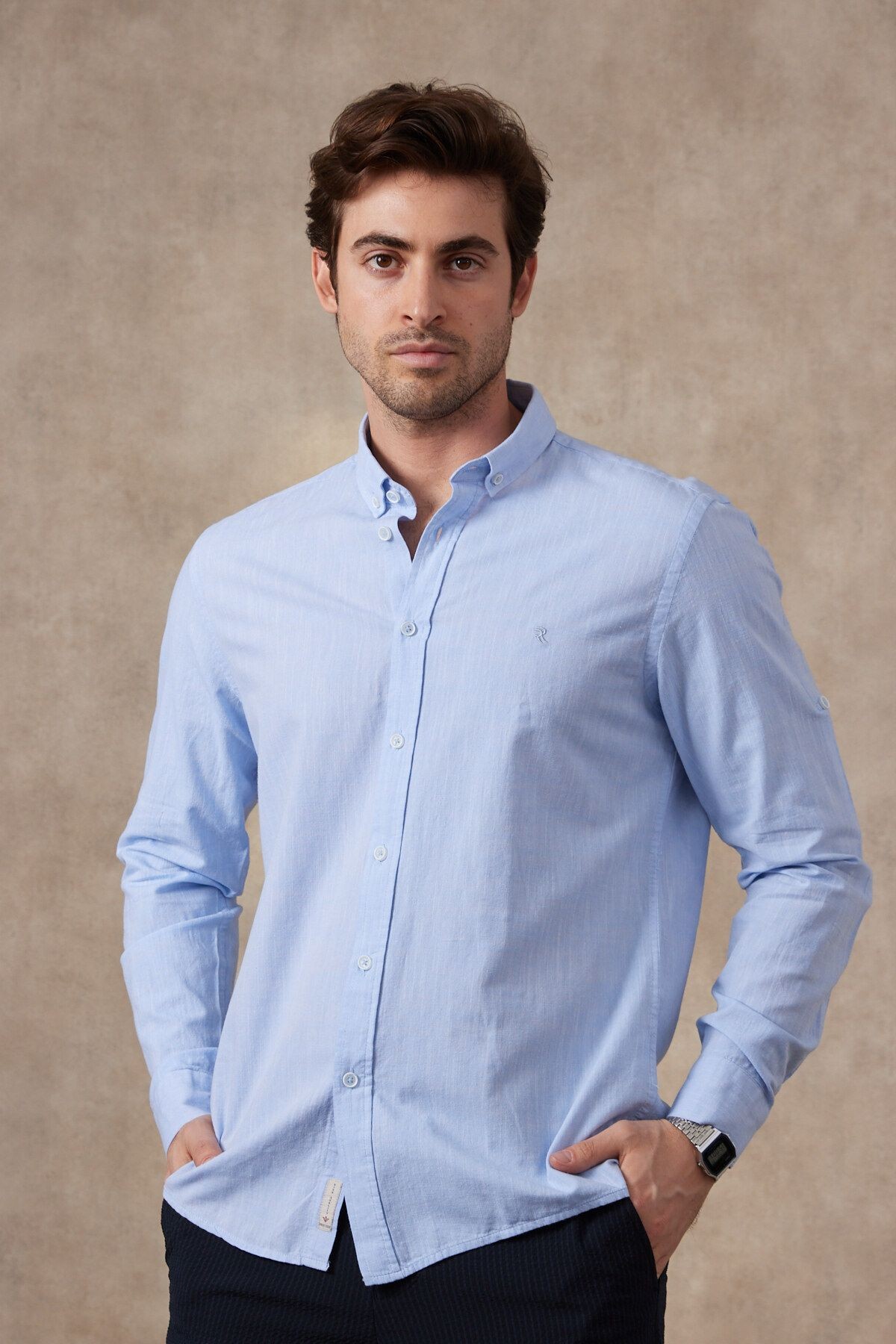 Erkek Pamuk Uzun Kol Yaka Düğmeli Modern Slim Fit Gömlek