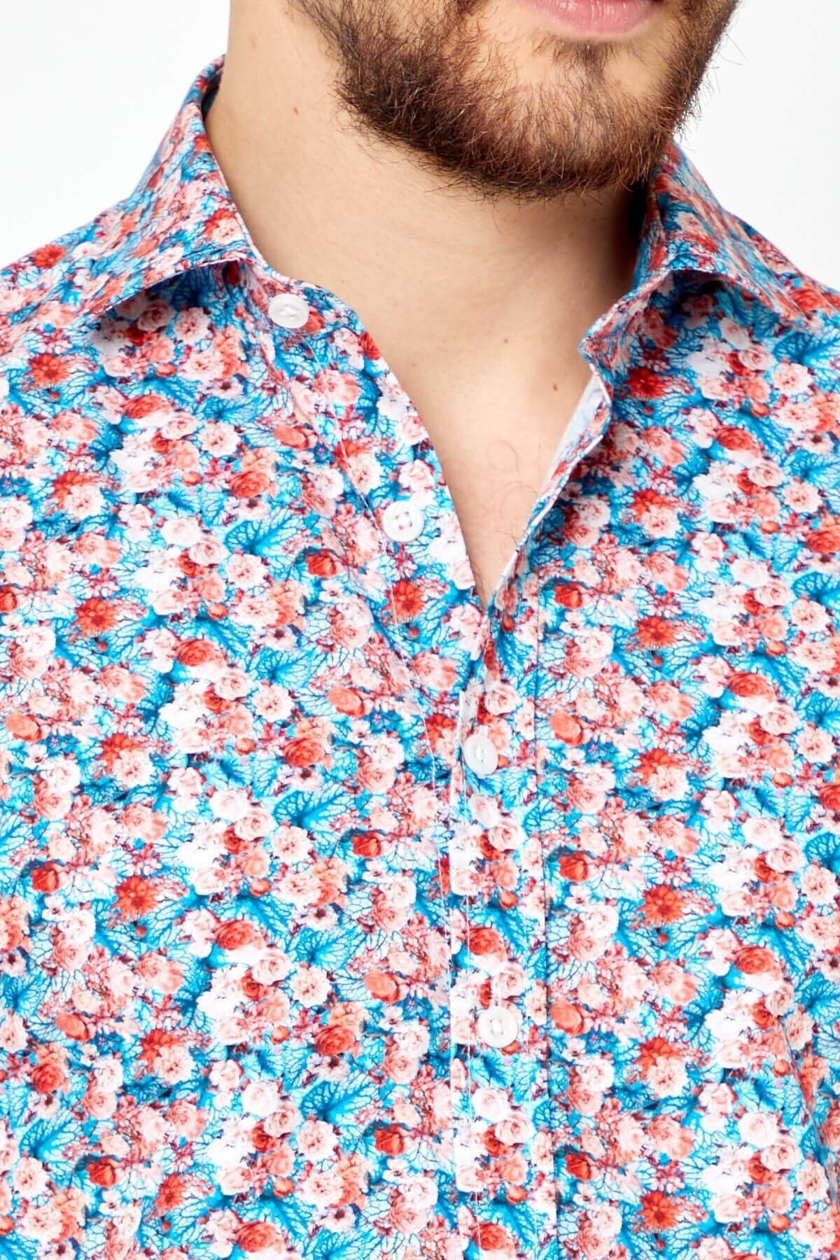 %100 Pamuk Turkuaz Çiçek Baskılı Slim Fit Uzun Kol Gömlek