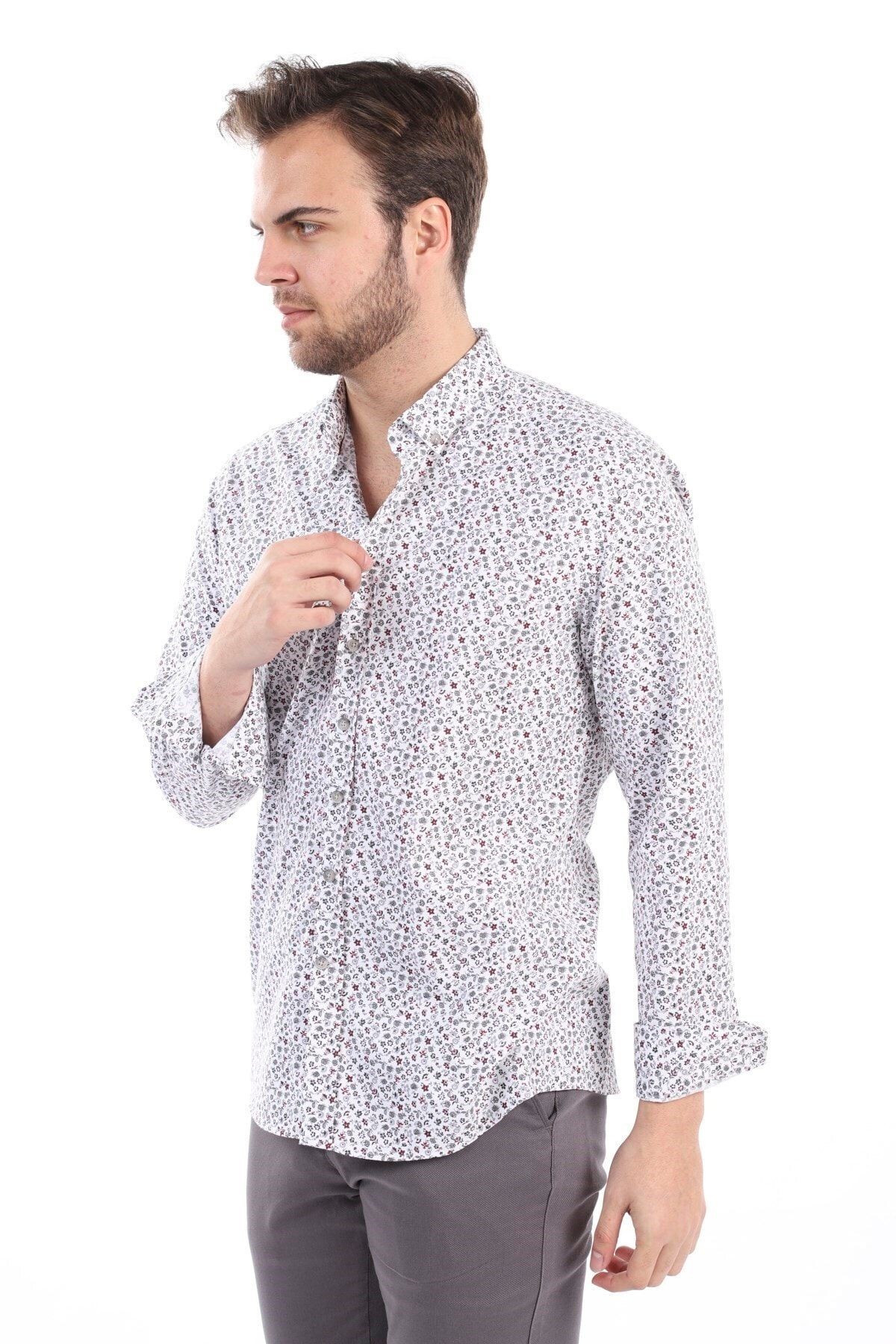 Baskılı Beyaz Slim Fit Likralı Gömlek