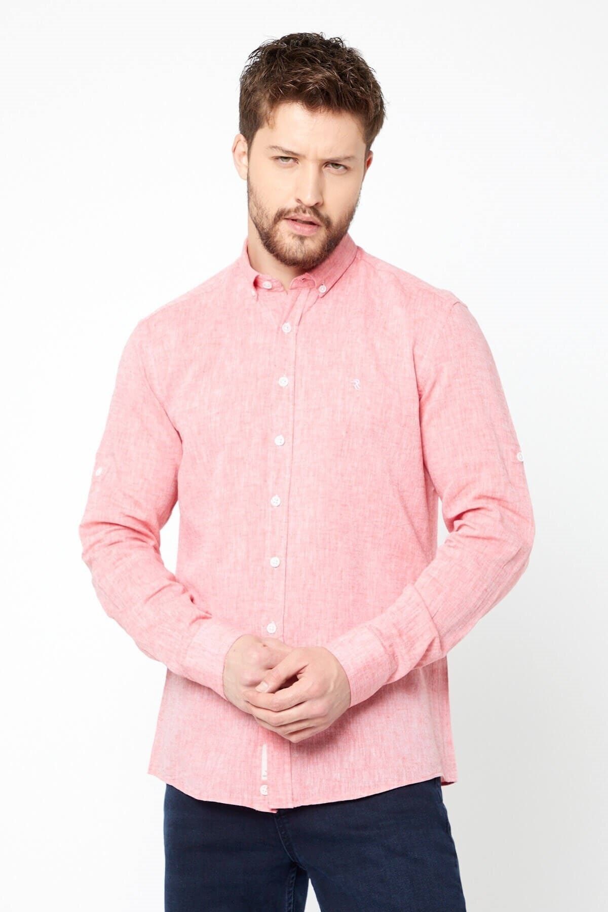 Kiremit Slim Fit Uzun Kol Keten Gömlek
