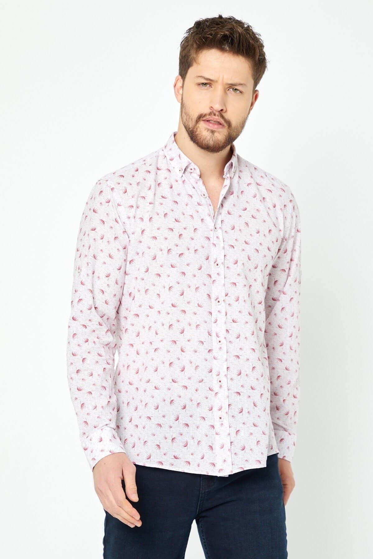 %100 Pamuk Keten Kırmızı Baskılı Slim Fit Uzun Kol Keten Gömlek