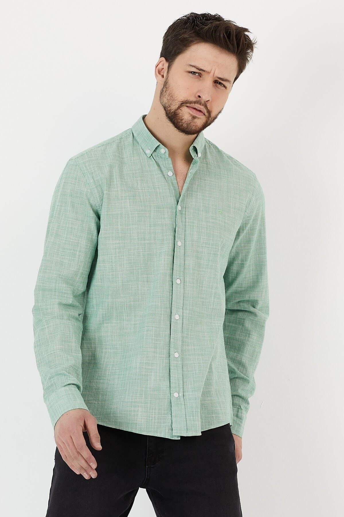 Yeşil %100 Pamuk Slim Fit Uzun Kol Keten Gömlek