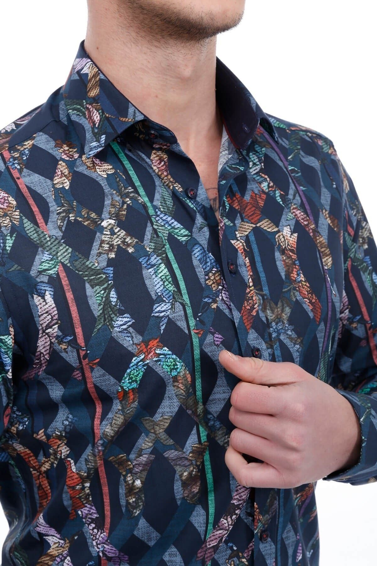 Baskılı Lacivert Slim Fit Gömlek