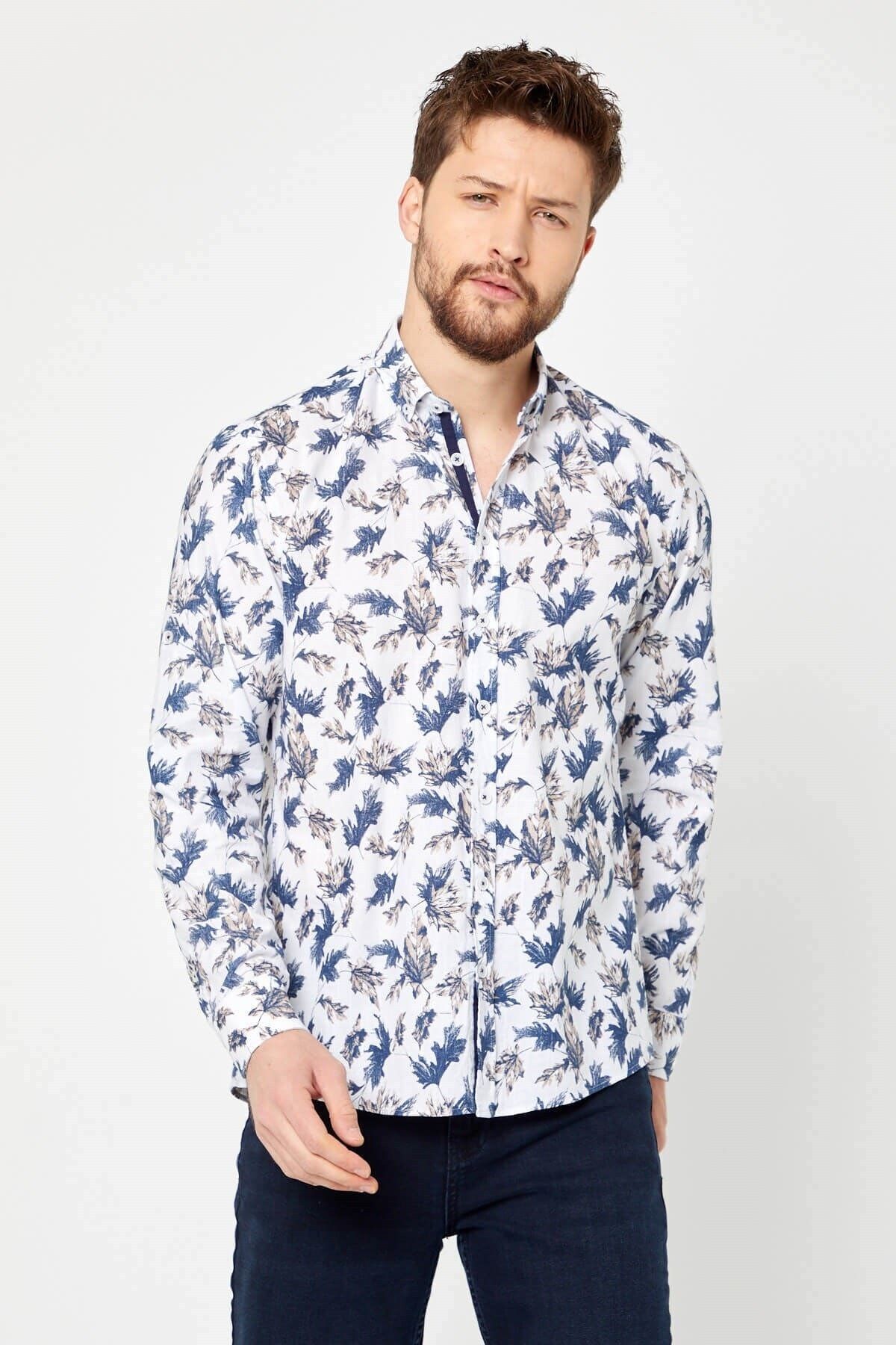 %100 Pamuk Keten Kahverengi Baskılı Slim Fit Uzun Kol Keten Gömlek