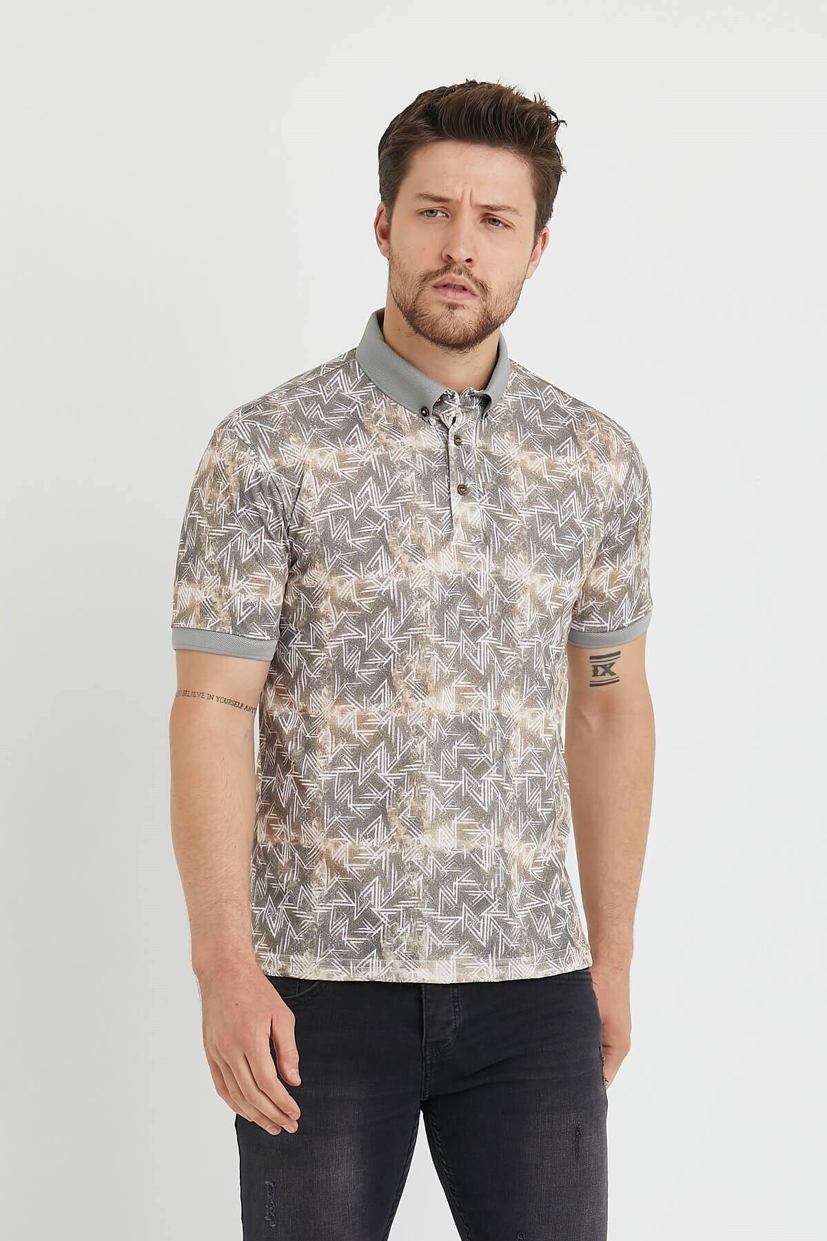 Polo Yaka Düğmeli Baskılı Bej Slim Fit Tişört