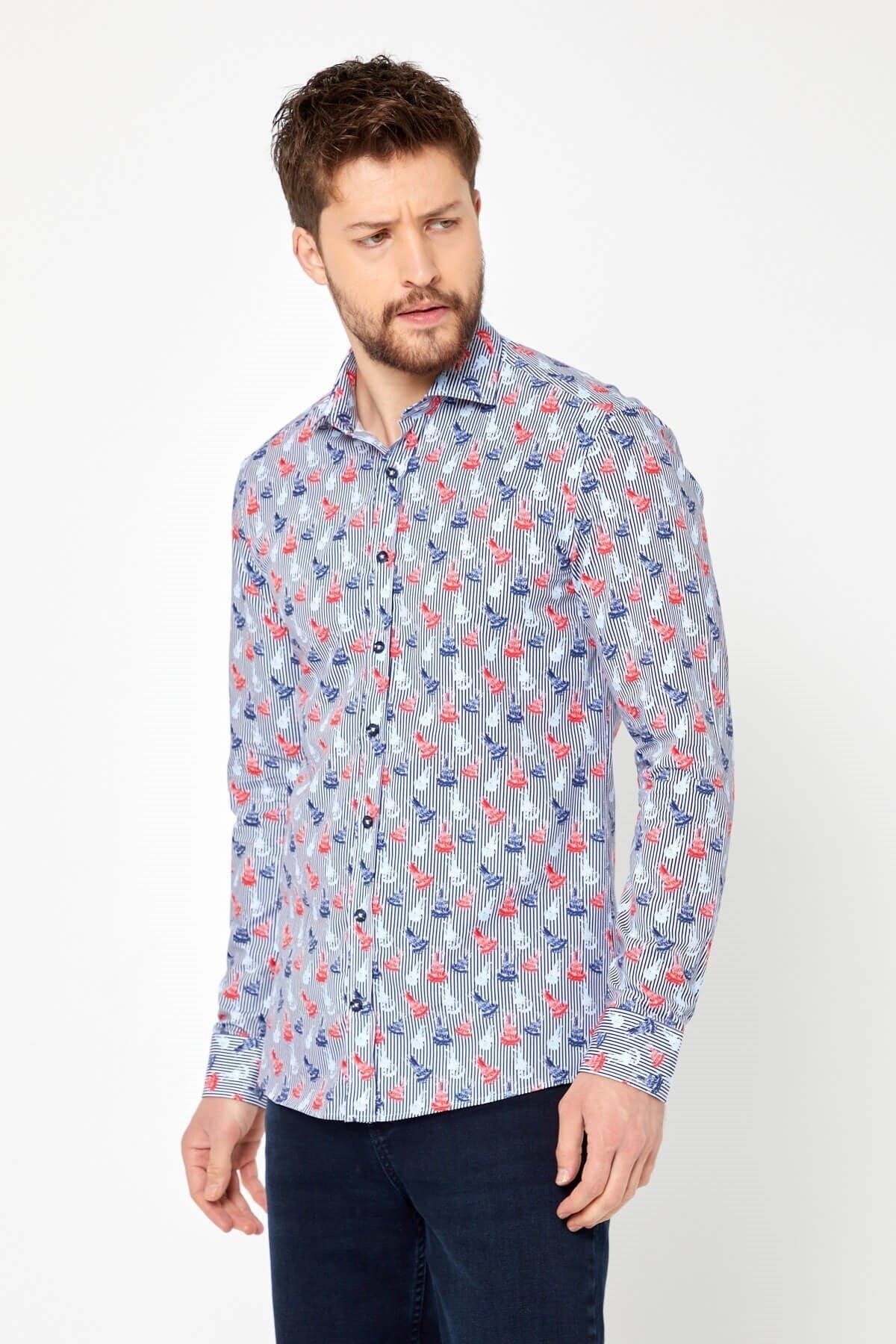 %100 Pamuk Çizgi Baskılı Slim Fit Uzun Kol Gömlek