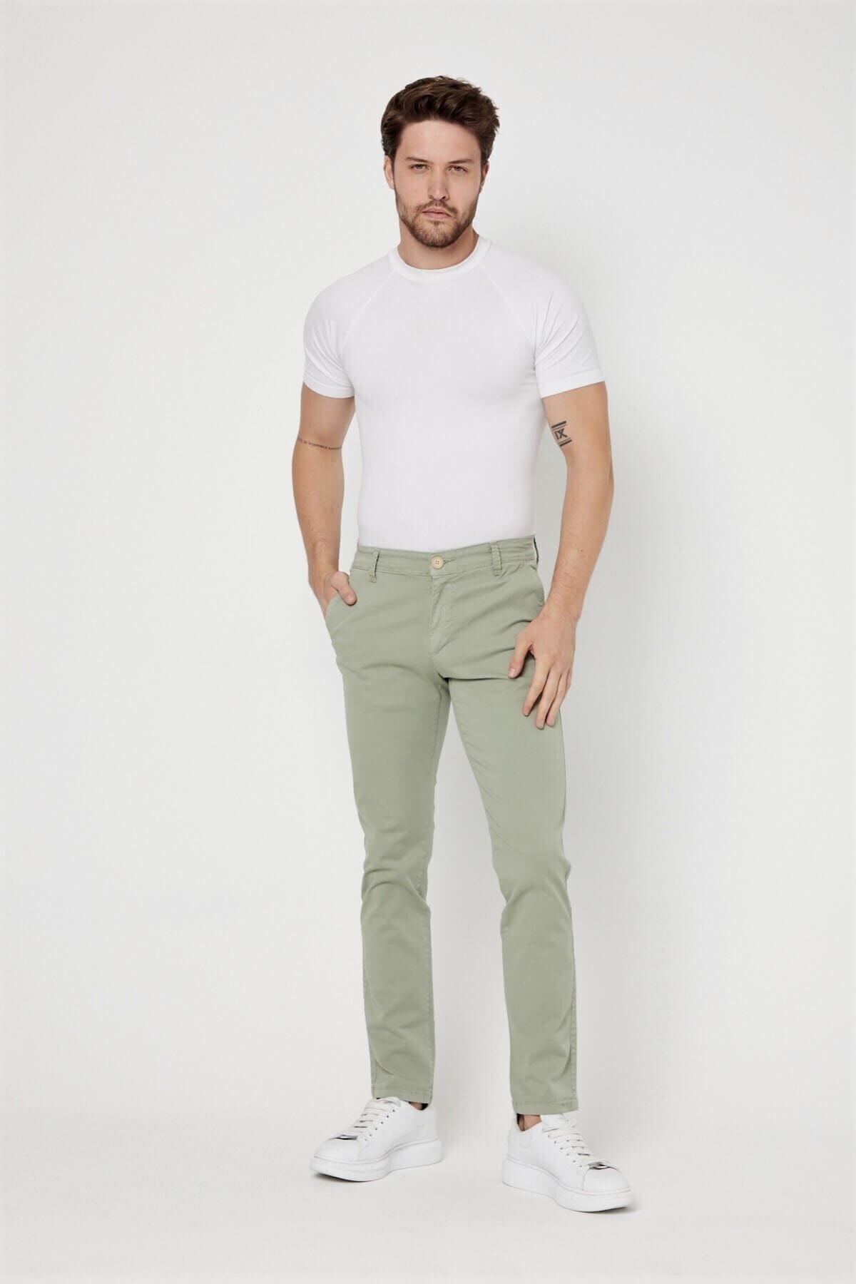 Yeşil Chıno Yan Cepli Keten Regular Fit Pantolon