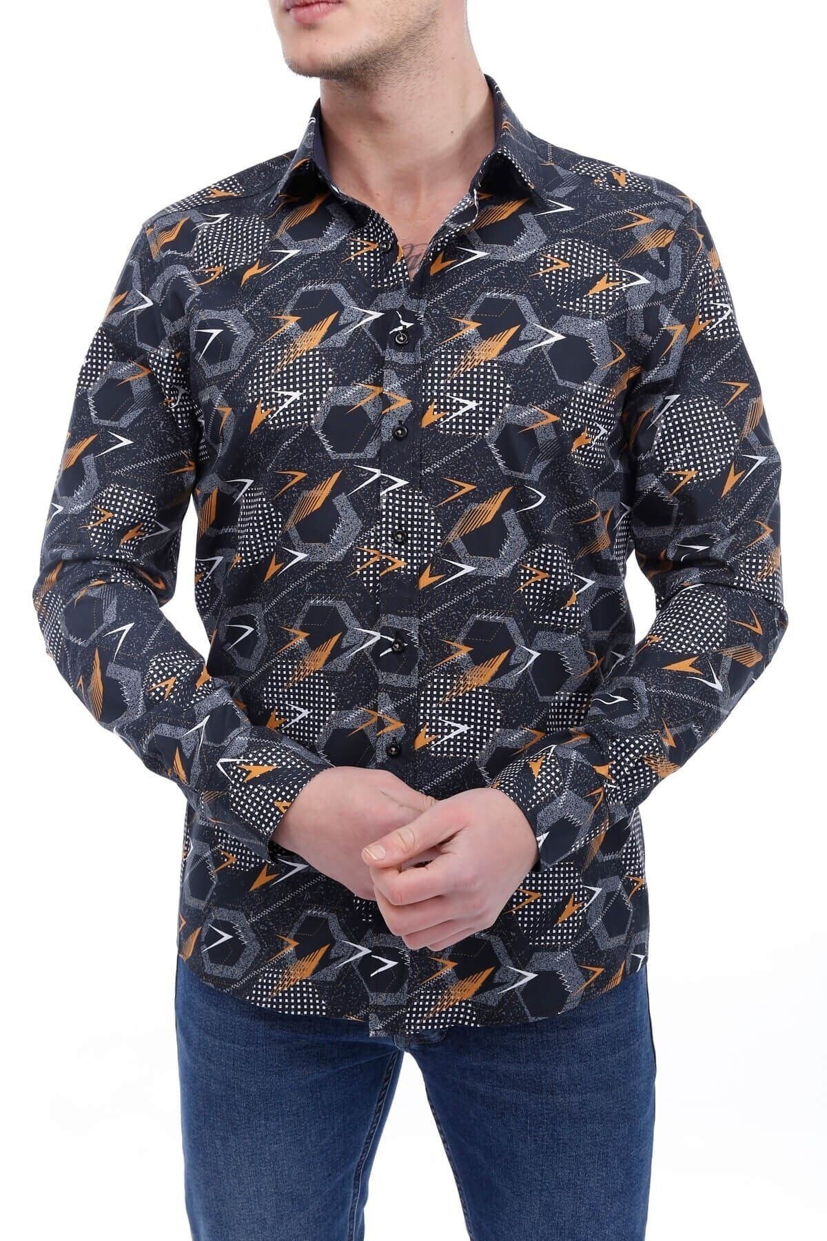 Baskılı Siyah Slim Fit Gömlek