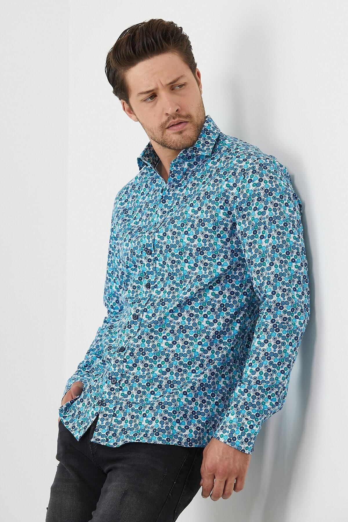 Erkek Pamuklu Dijital Baskı Desenli Dar Kesim Slim Fit Gömlek
