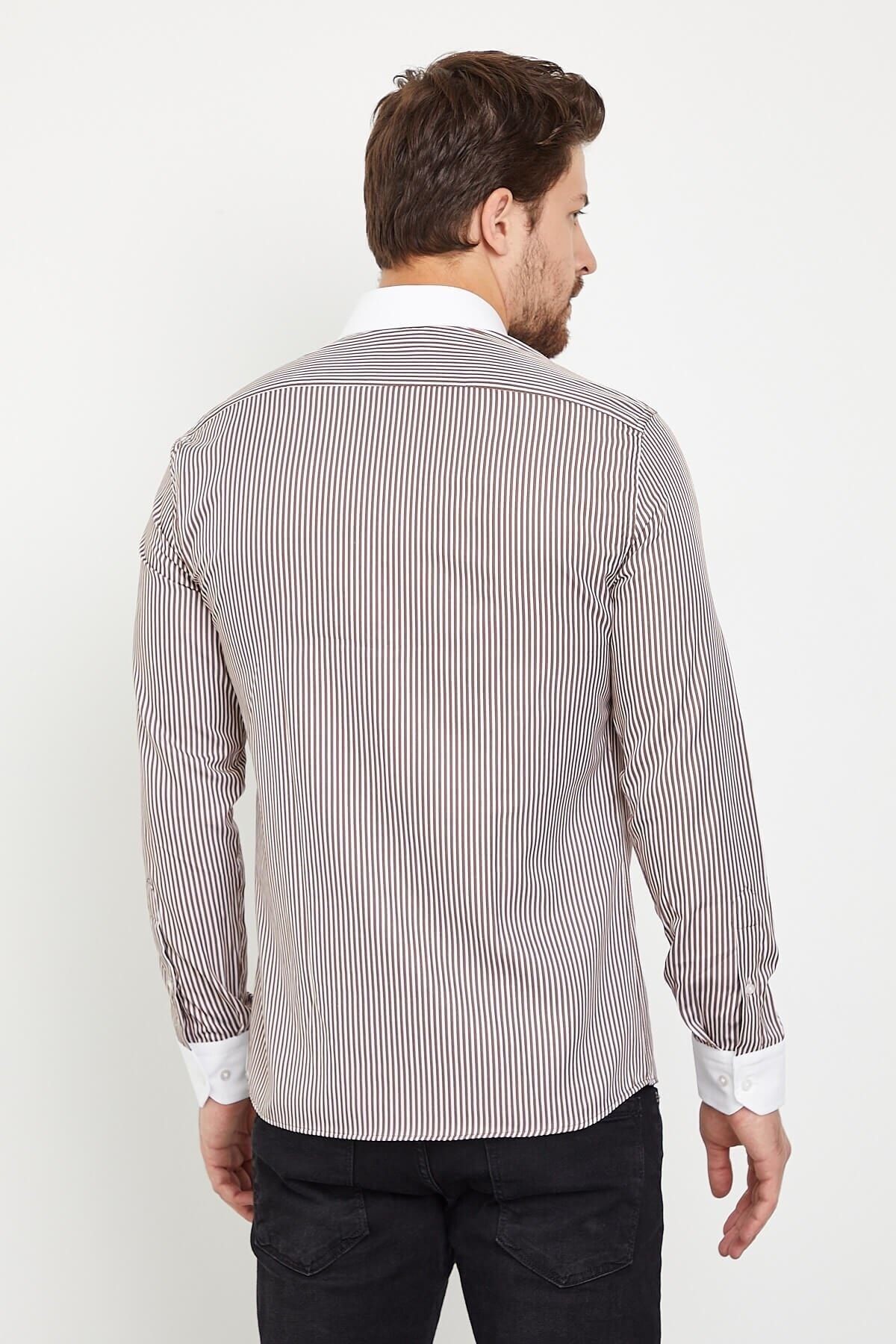 Beyaz Yakalı Kahve Beyaz Çizgili Slim Fit Uzun Kol Gömlek