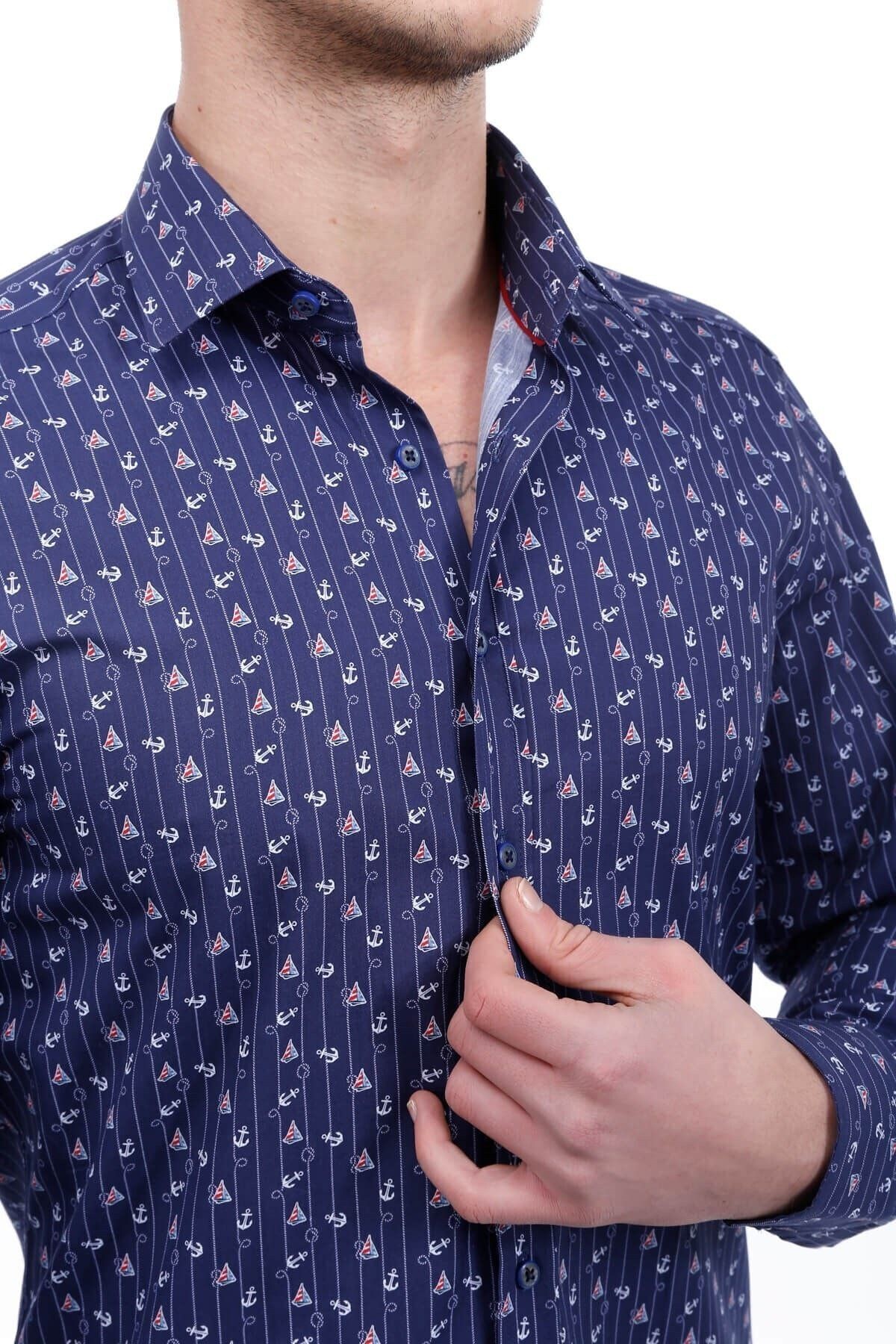 Baskılı Lacivert Slim Fit Gömlek