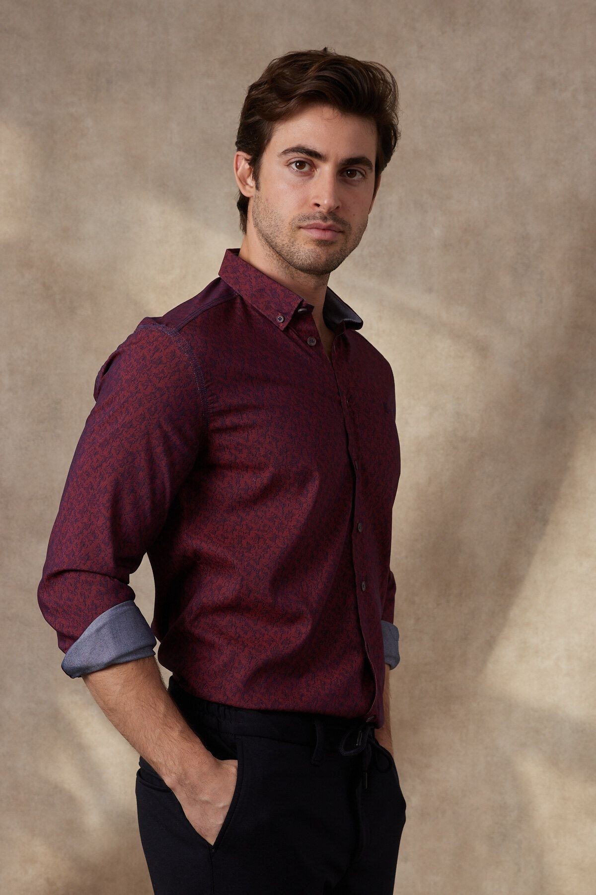 Erkek Baskılı Bordo Modern Slim Fit Uzun Kol Gömlek