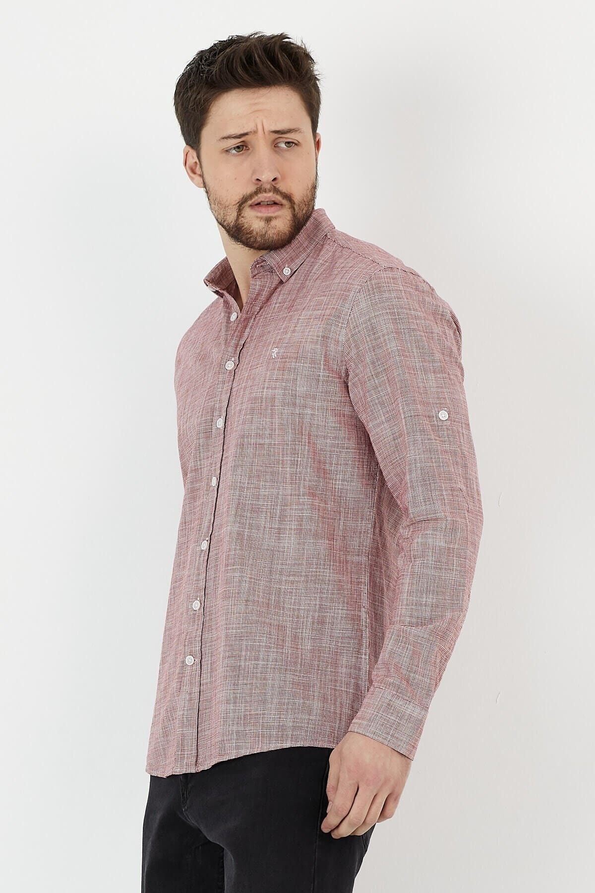Bordo %100 Pamuk Slim Fit Uzun Kol Keten Gömlek