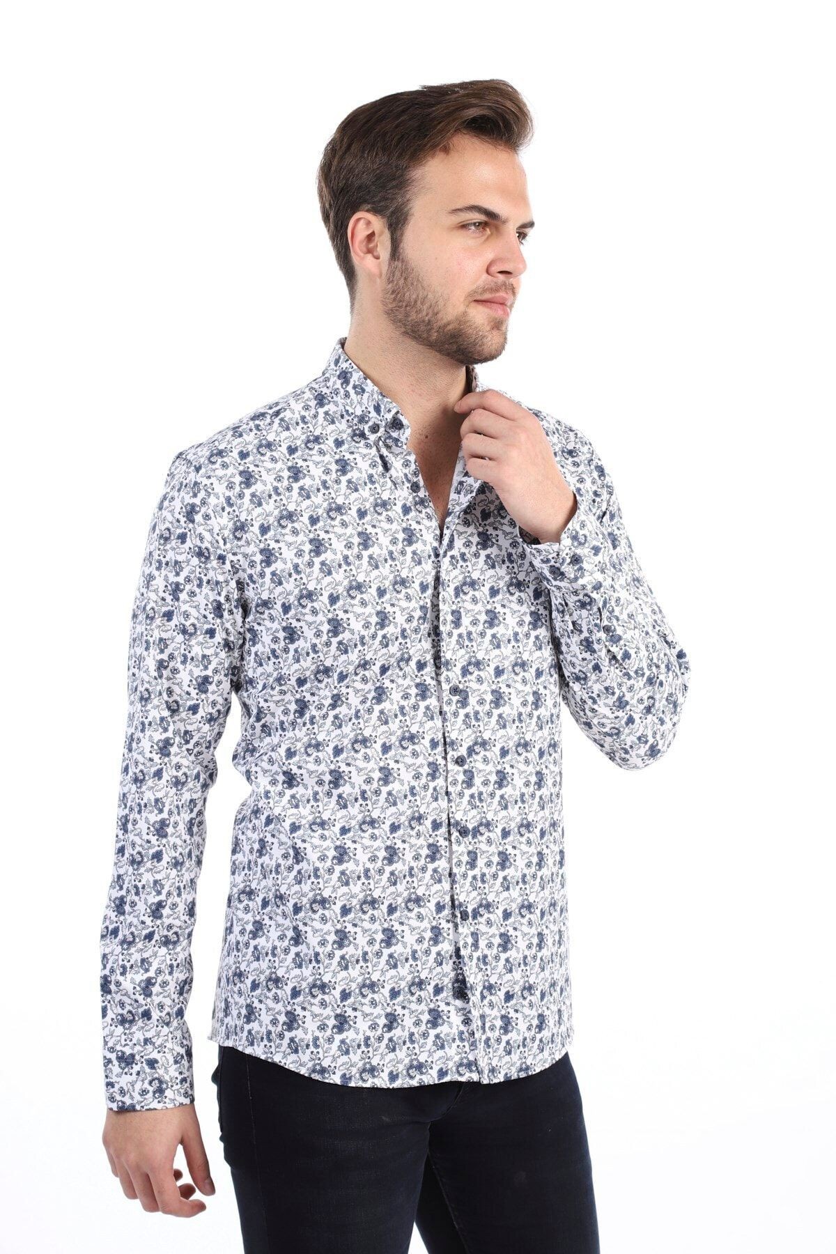 Baskılı Beyaz Slim Fit Likralı Gömlek