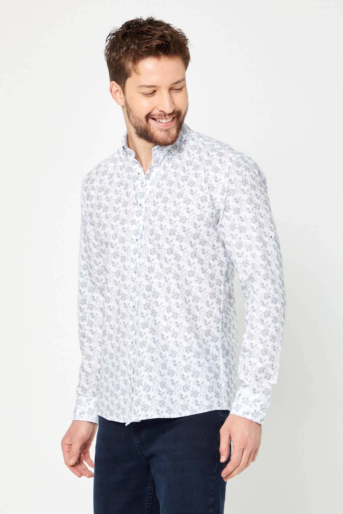 %100 Pamuk Keten Lacivert Baskılı Slim Fit Uzun Kol Keten Gömlek