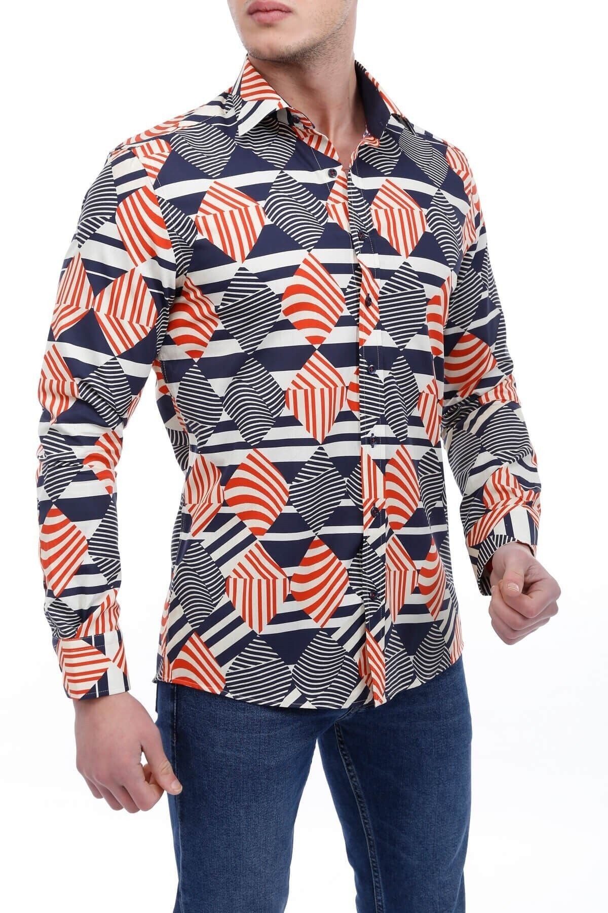 Baskılı Lacivert Slim Fit Gömlek