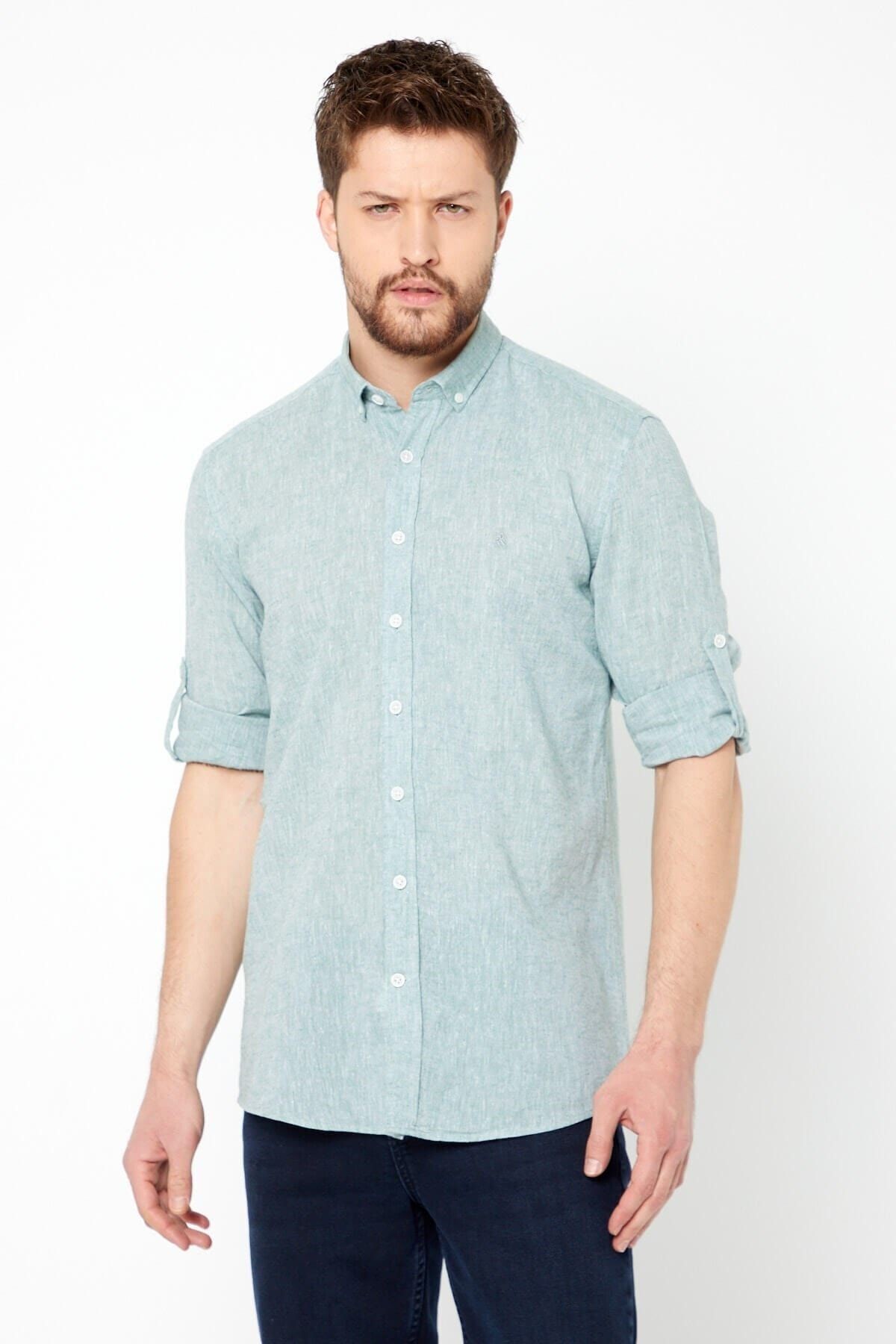 Yeşil Slim Fit Uzun Kol Keten Gömlek