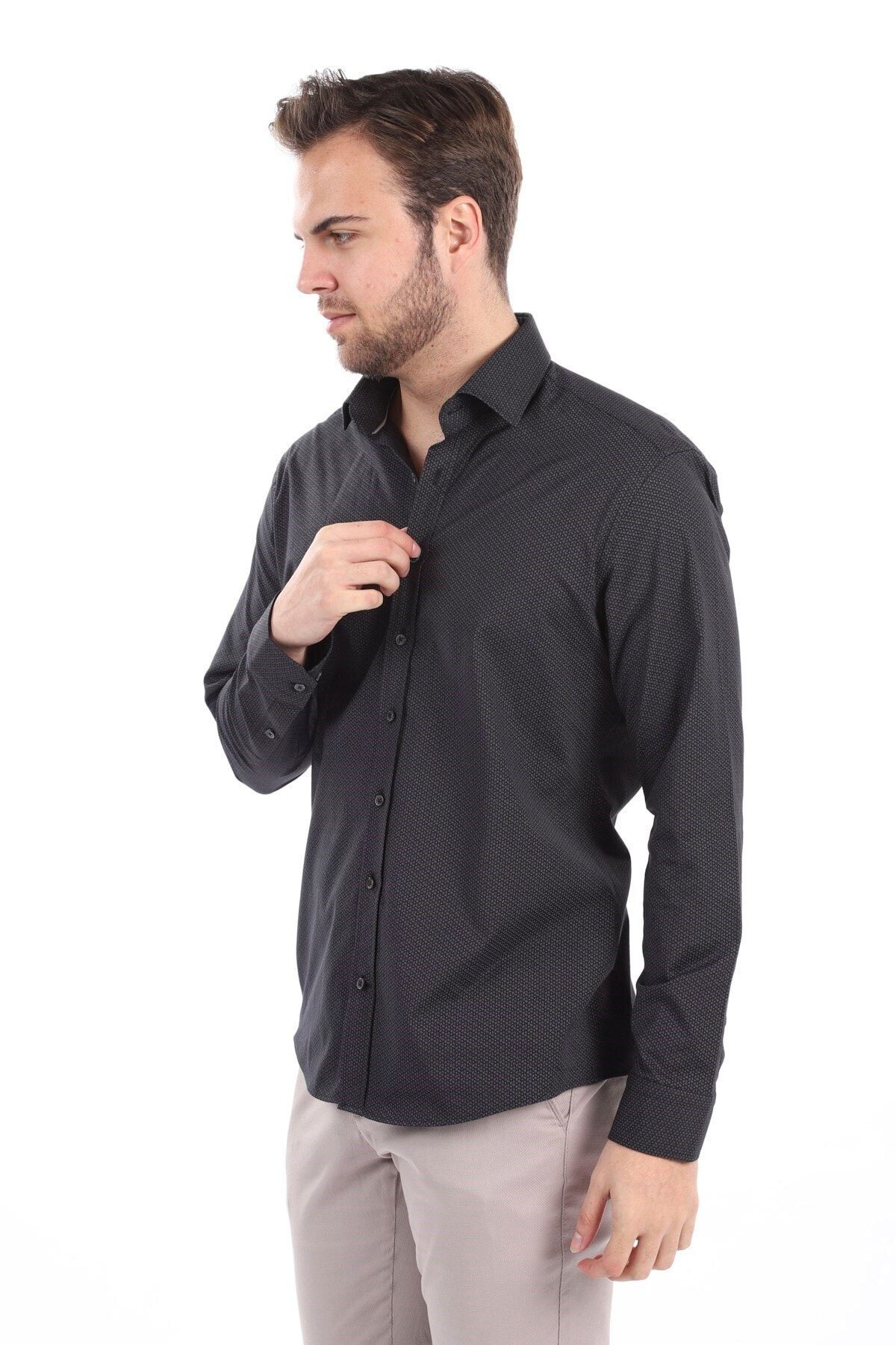 Baskılı Siyah Slim Fit Likralı Gömlek
