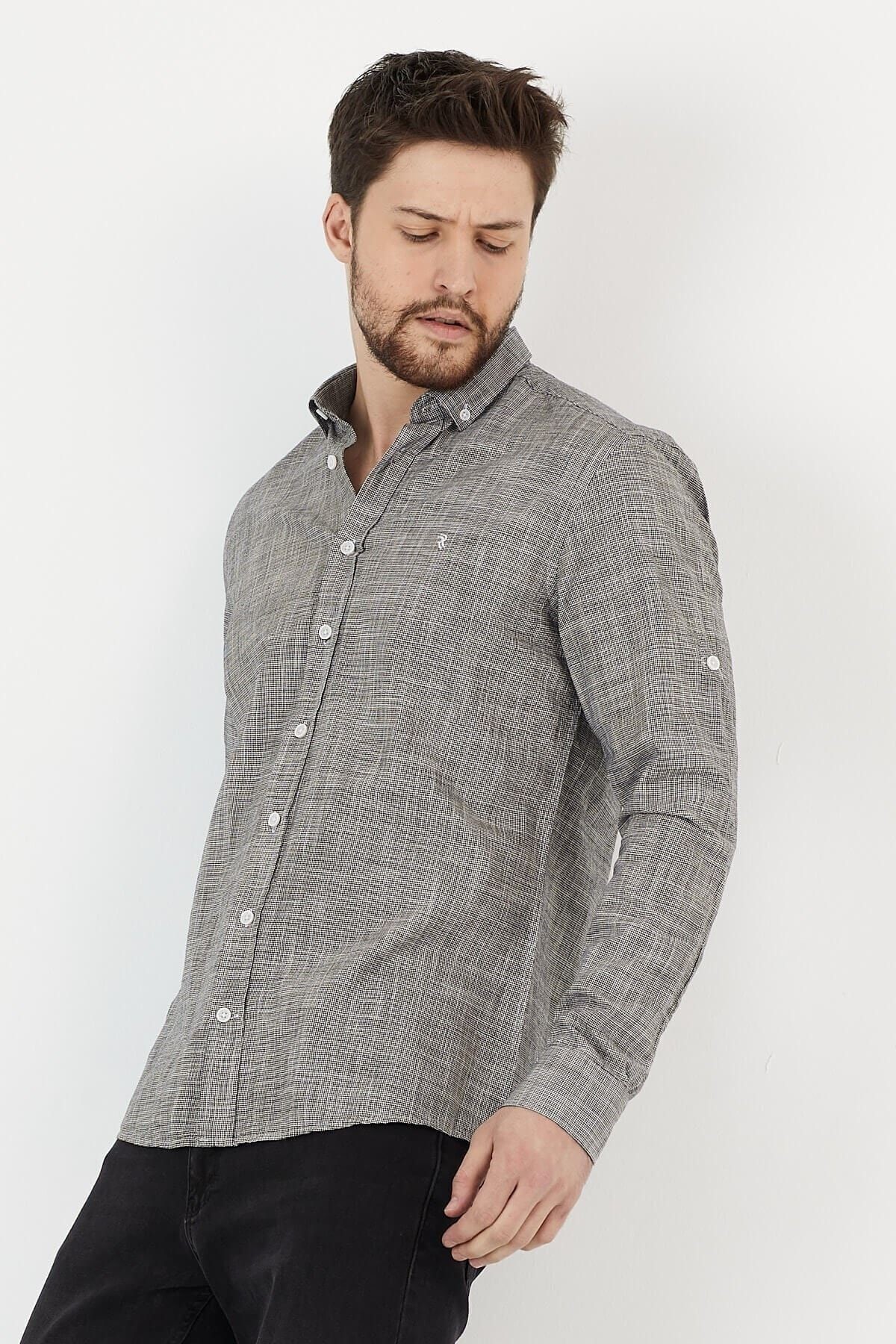 Gri %100 Pamuk Slim Fit Uzun Kol Keten Gömlek