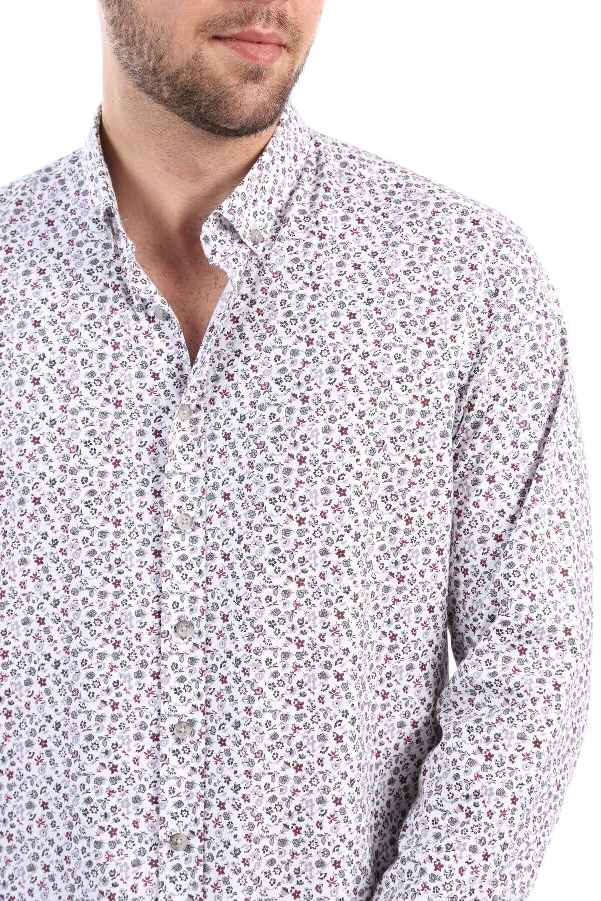 Baskılı Beyaz Slim Fit Likralı Gömlek